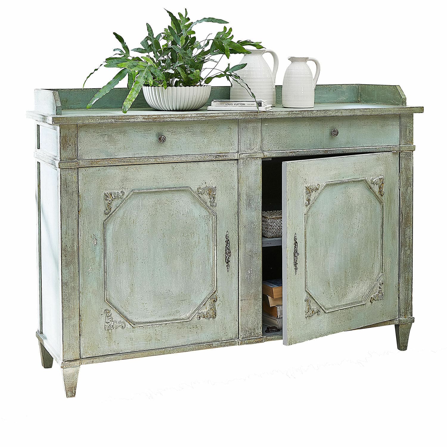 Cómoda Mervelique Aparador de madera verde con dos cajones y puertas decorativas para almacenamiento elegante