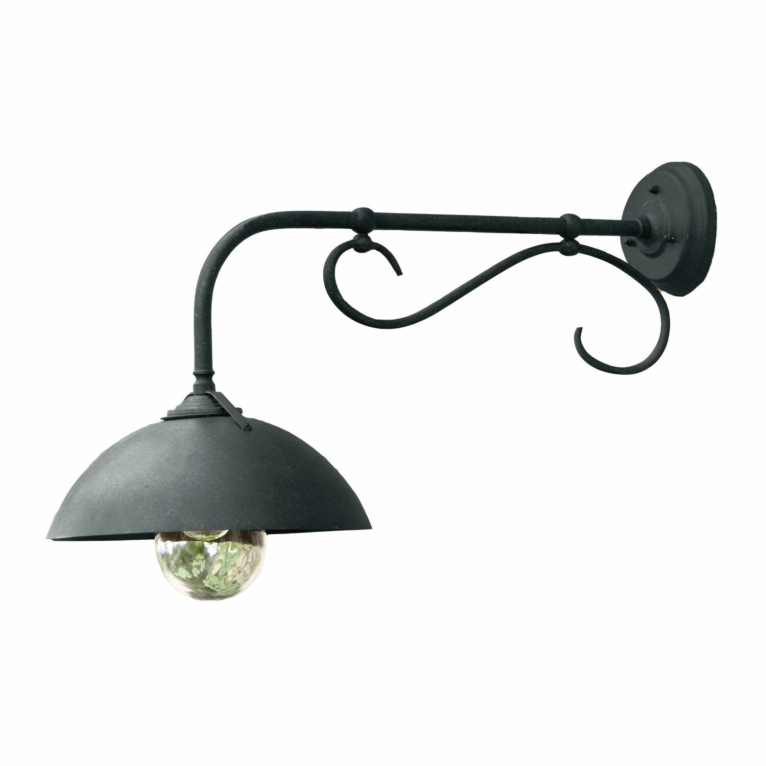 negro Lámpara de pared exterior Lupia negra de metal con brazo decorativo y globo de vidrio, iluminación exterior
