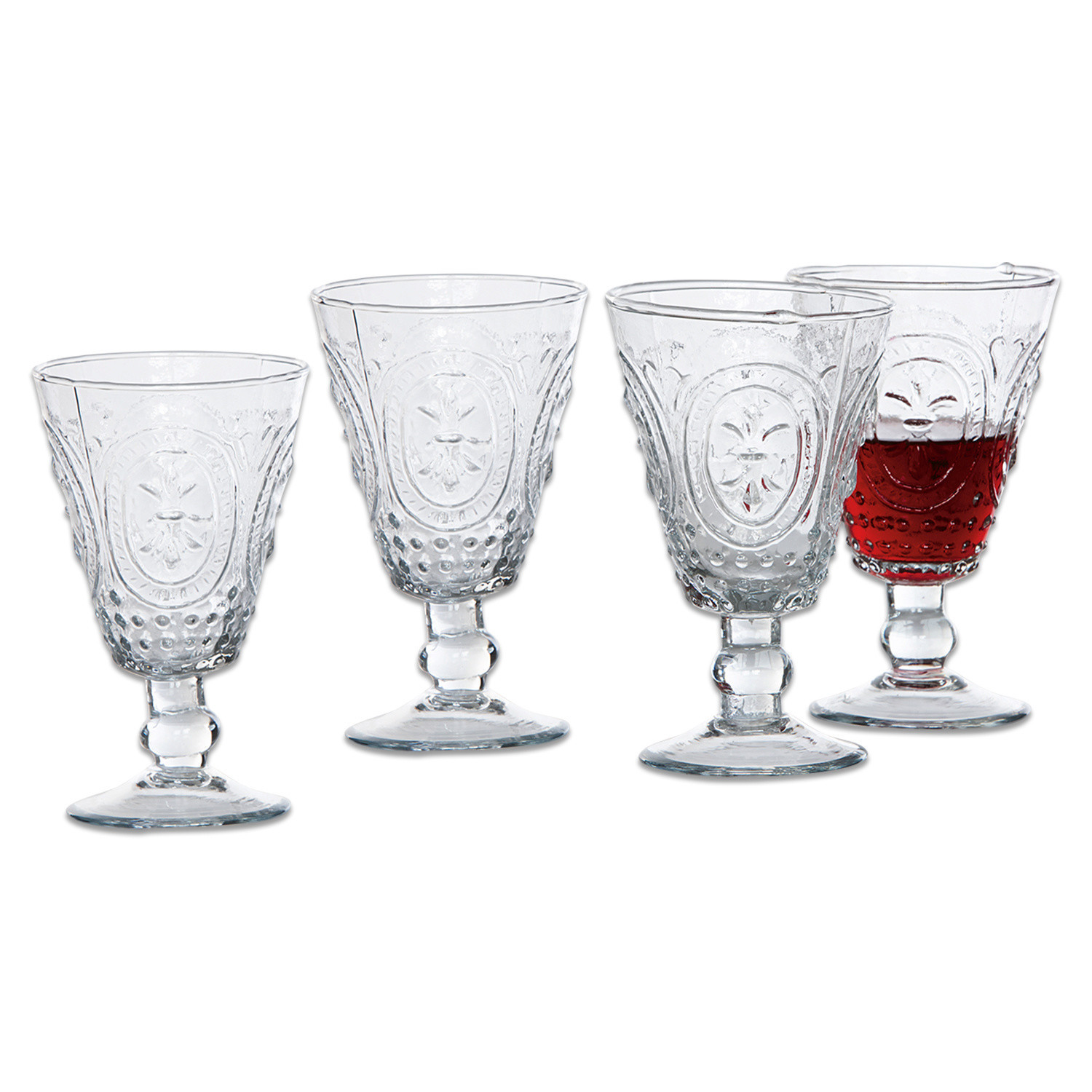 Set de 4 copas de vino Sarton Conjunto de cuatro vasos transparentes con diseño decorativo, ideales para servir bebidas.