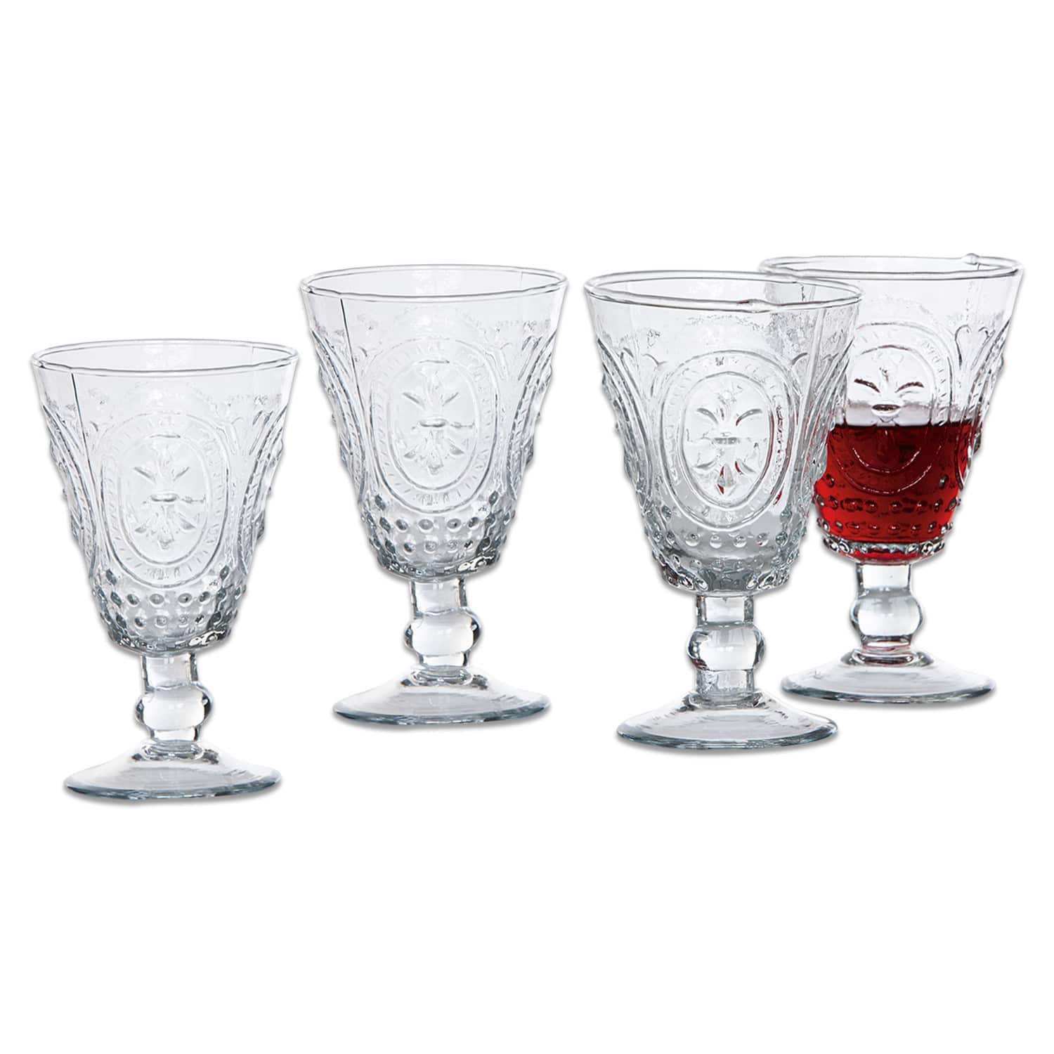 Set de 4 copas de vino Sarton Conjunto de cuatro vasos transparentes con diseño decorativo, ideales para servir bebidas.