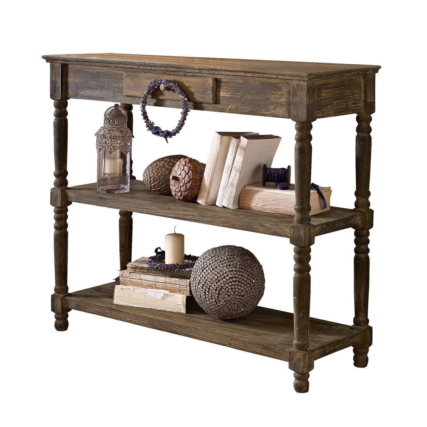 Consola Roubaix Consola rústica de madera con estantes y decoraciones naturales en tonos cálidos