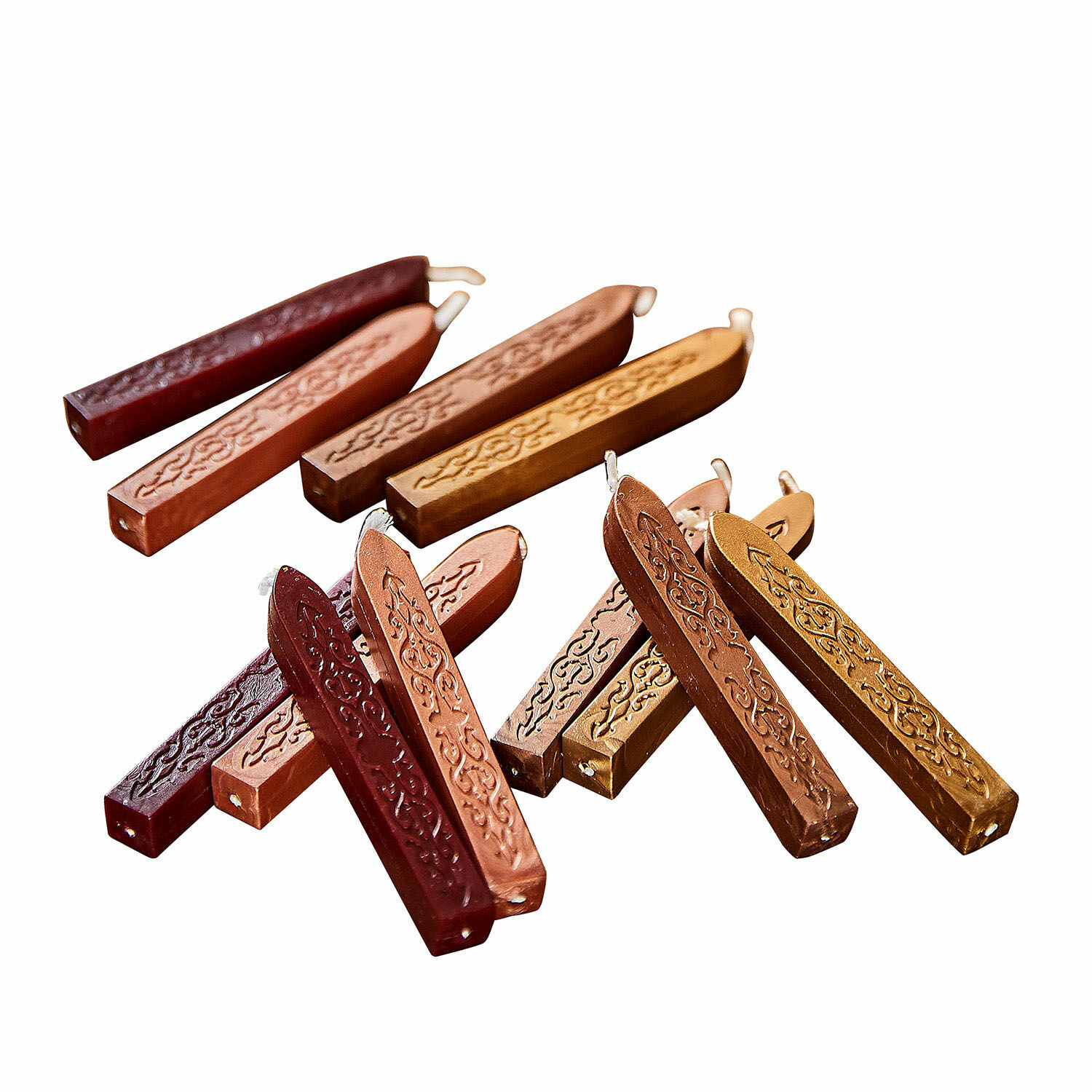 Set de 12 barras de lacre en marrón, rojo y dorado con diseño decorativo, ideal para sellos y cartas