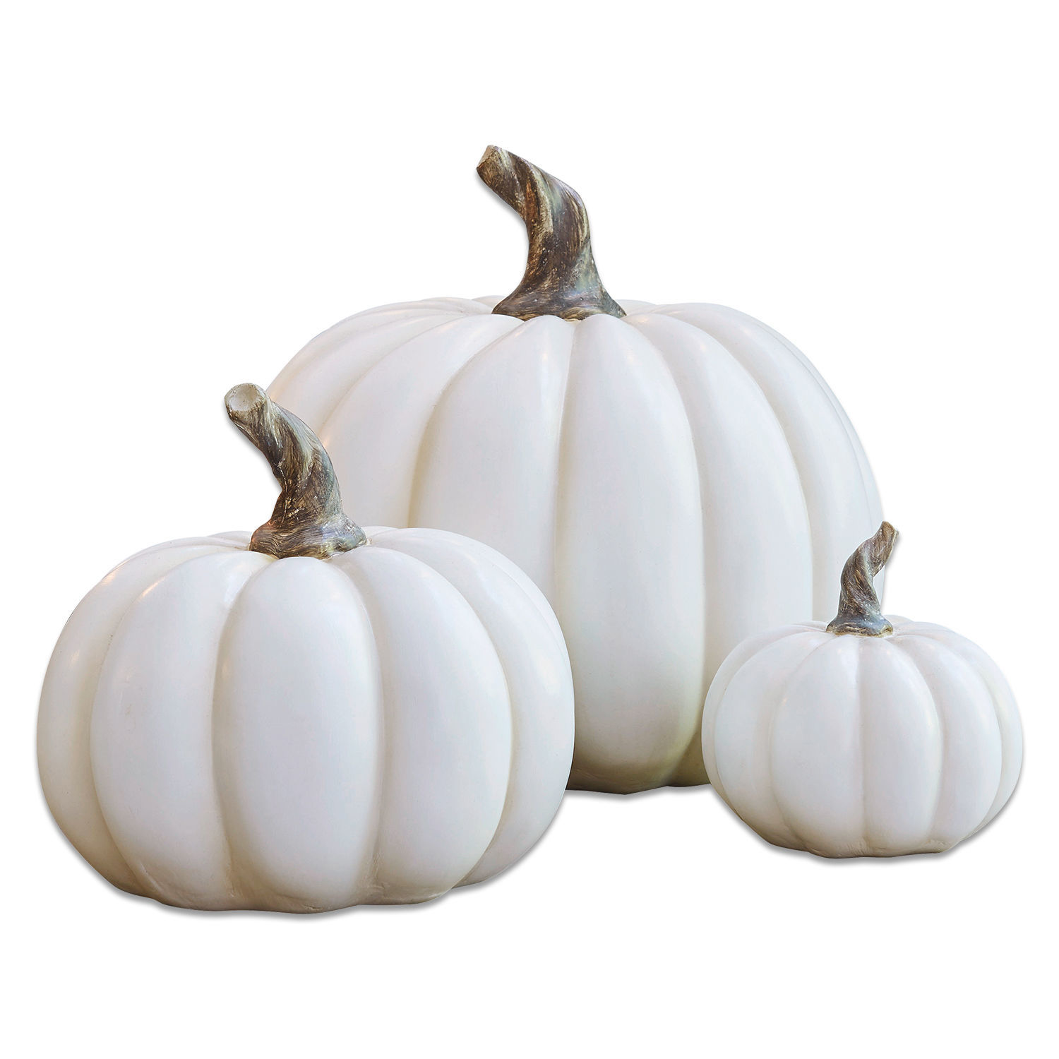 Set de 3 calabazas Elrik Conjunto de tres calabazas decorativas blancas con tallos marrones, decoración otoñal para interiores