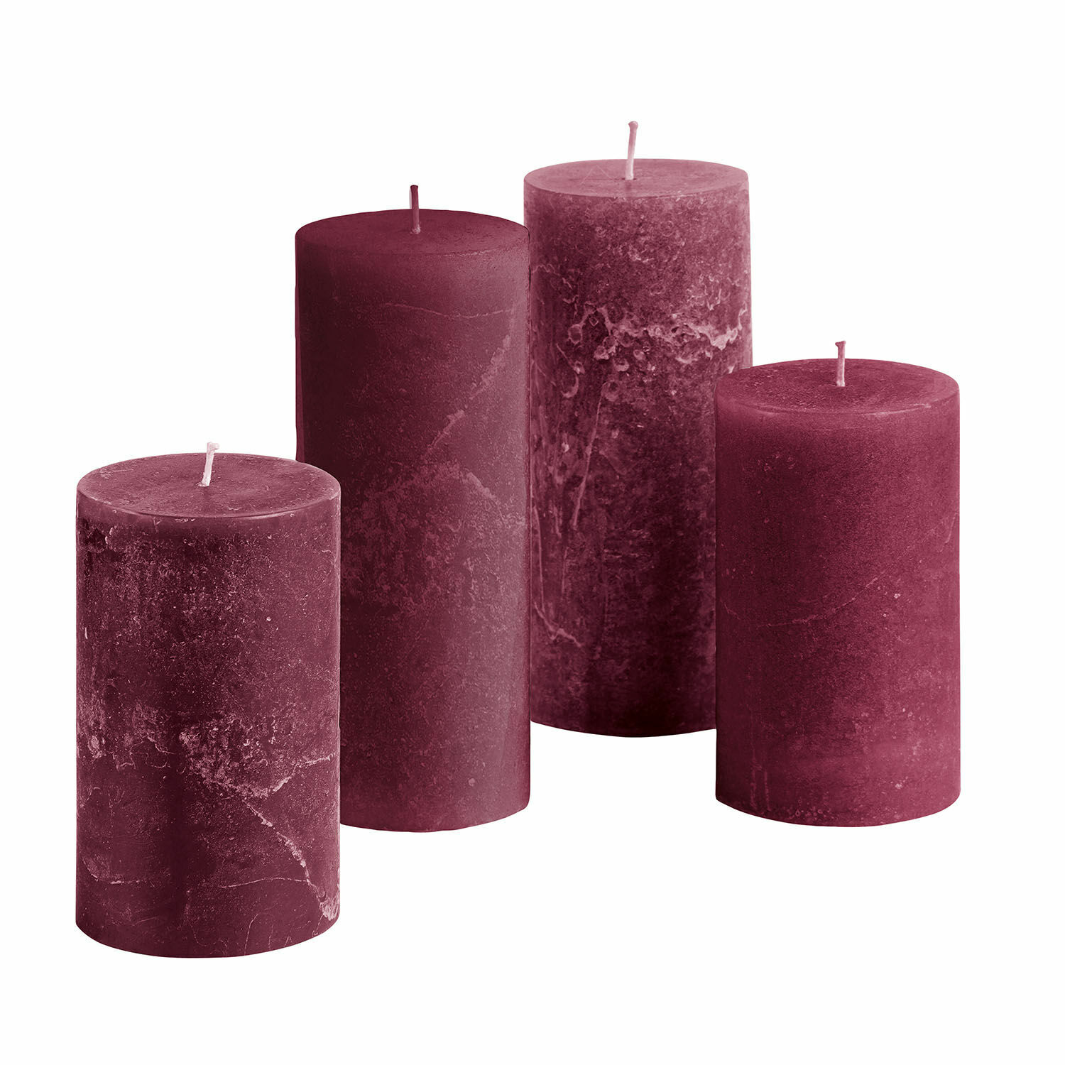 Set de 4 velas Berekua color burdeos con textura rústica, decoración para el hogar