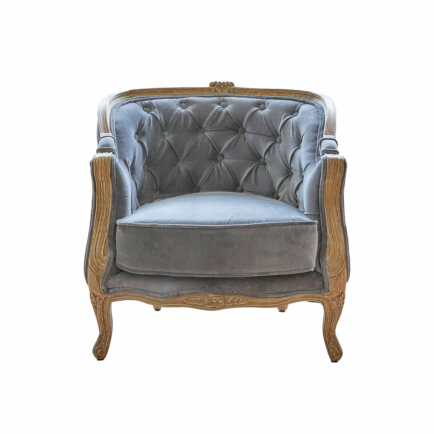 gris azulado Sillón Annezay de terciopelo gris azulado con marco de madera tallada, mueble elegante para sala