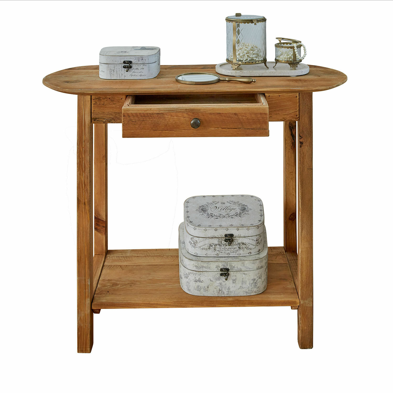 Mesa de madera natural con cajón y estante, decoración vintage, mueble rústico para salón