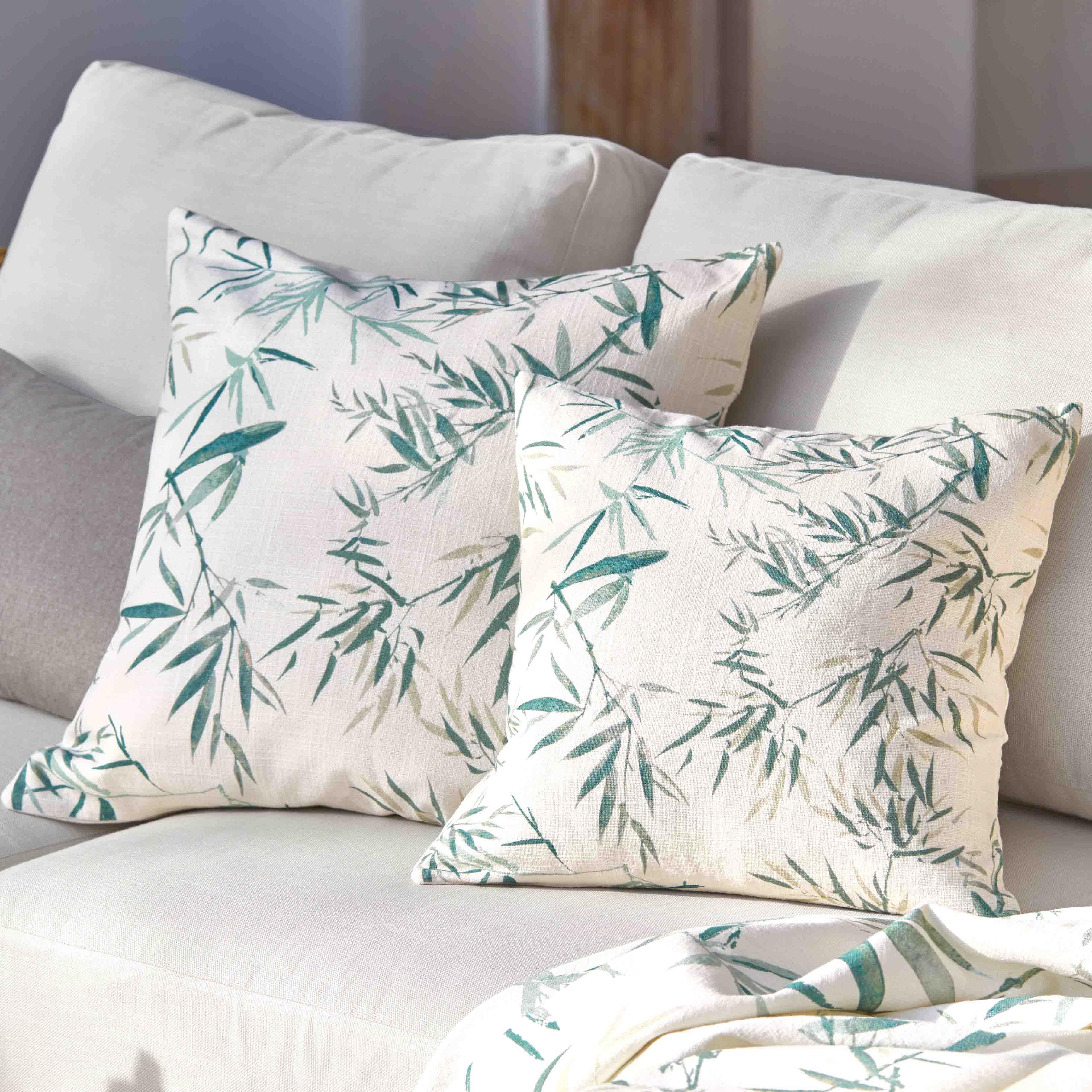 Cojines decorativos reversibles de algodón crema con estampado de hojas verdes, accesorios modernos para salón