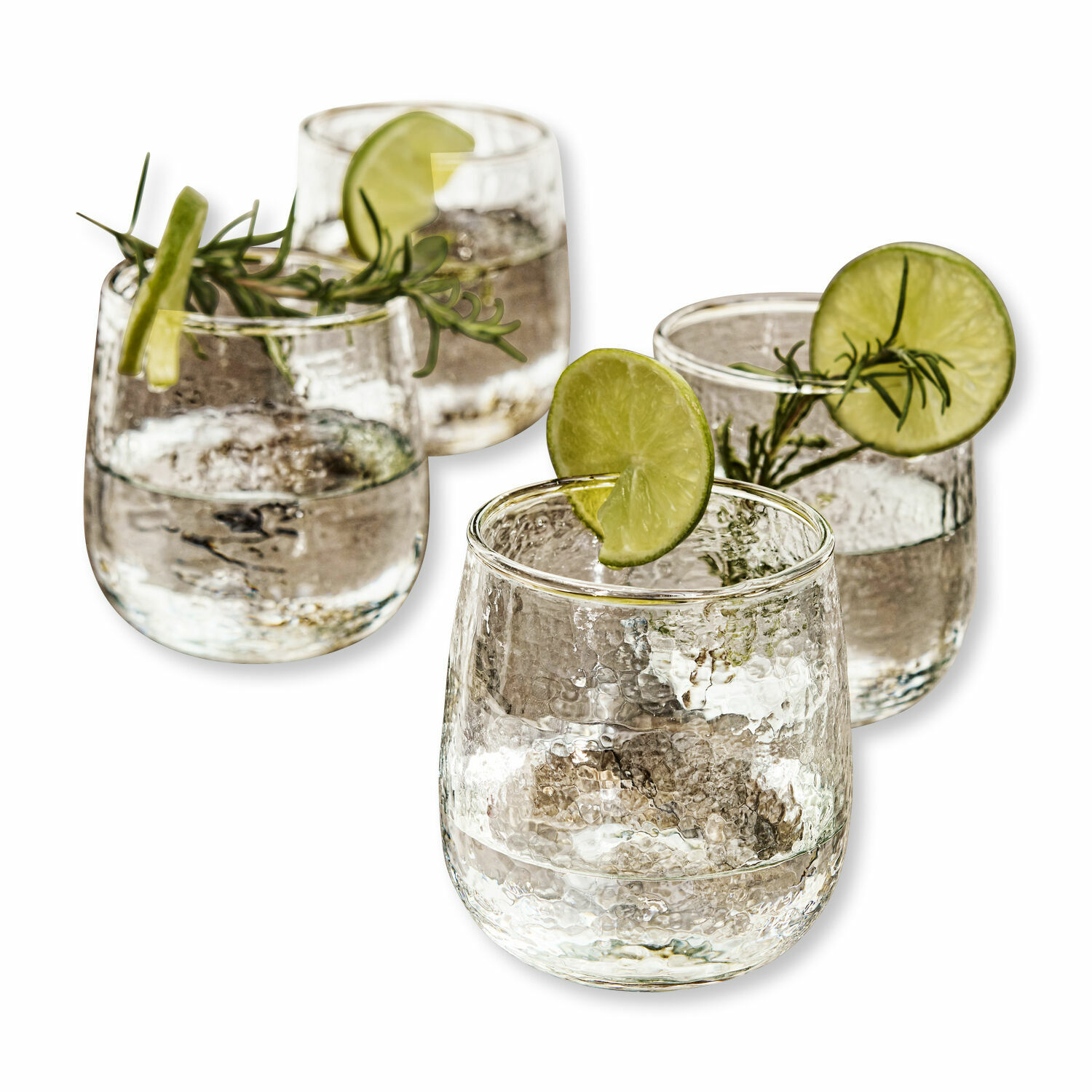 Set de 4 vasos Valters Juego de cuatro vasos de vidrio texturizado con rodajas de lima y ramitas de romero