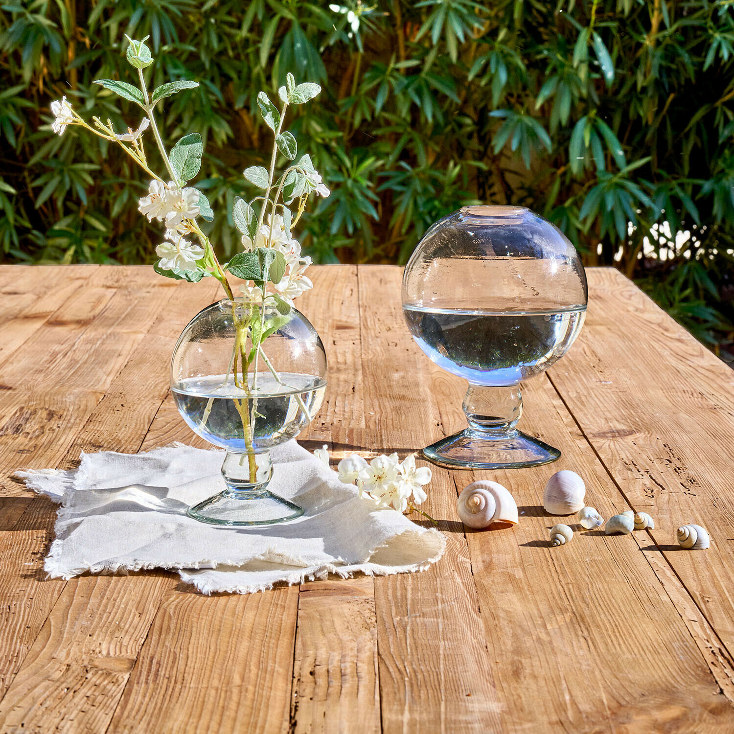 Bolas de cristal transparentes con agua, una con flores, sobre mesa de madera con conchas decorativas