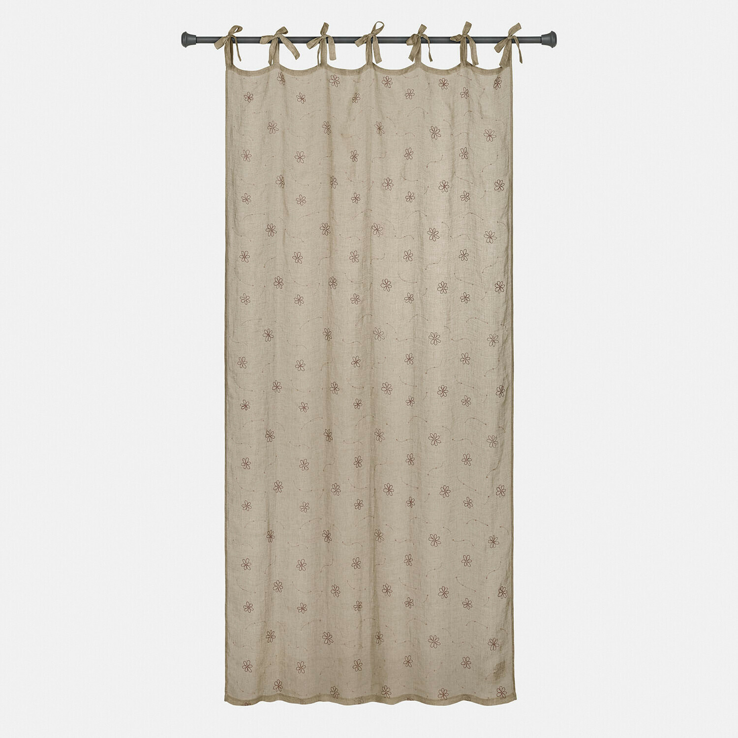 Cortina de lino beige con estampado floral marrón y lazos para colgar fácilmente