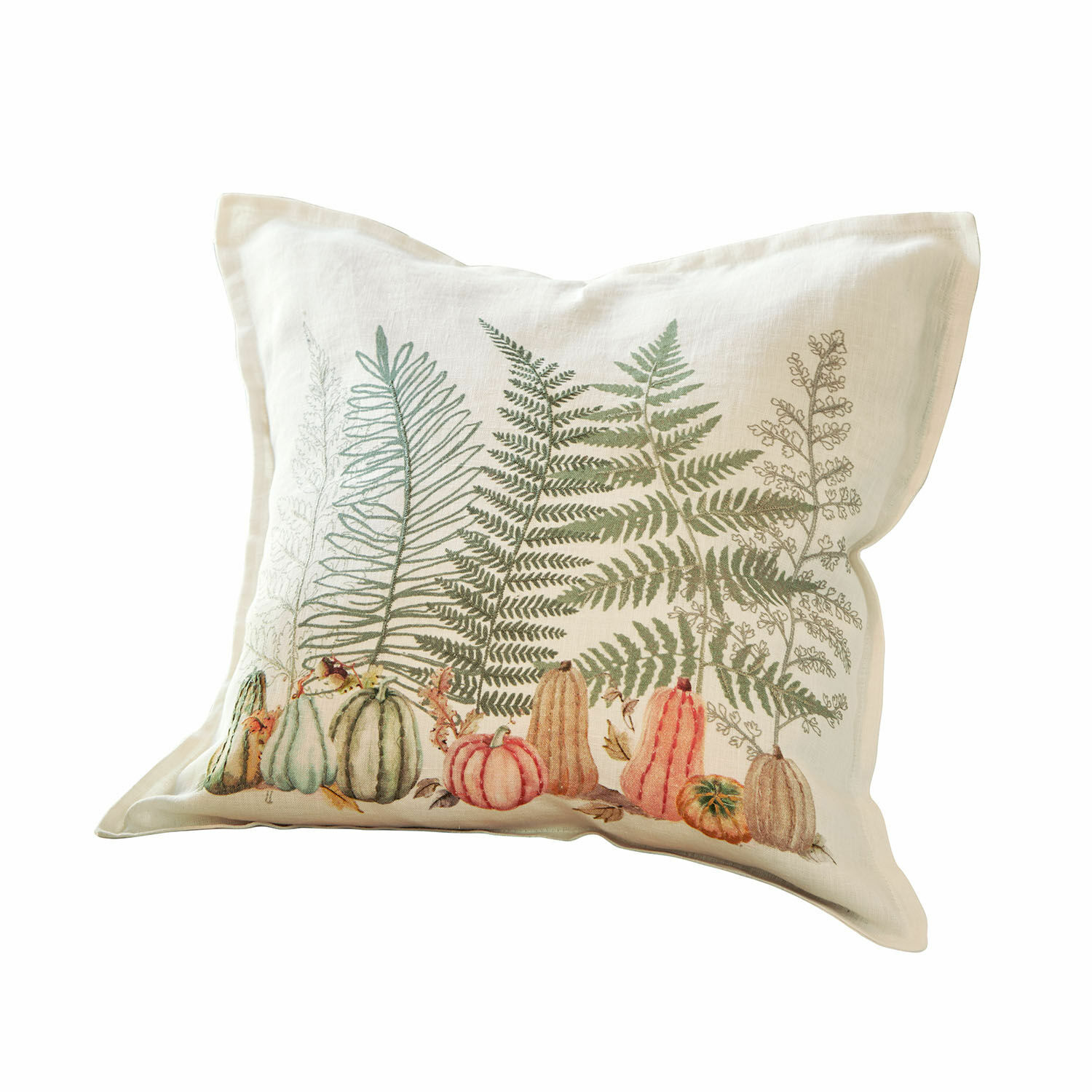 Cojín decorativo de algodón color crudo con estampado de helechos verdes y calabazas coloridas