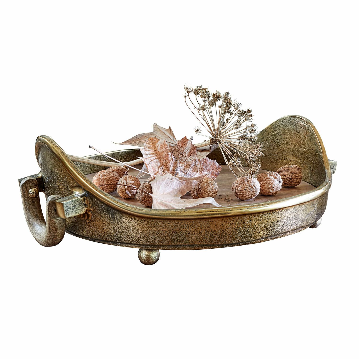 Bandeja Louvil Bandeja decorativa redonda de metal color oro envejecido con hojas secas y nueces