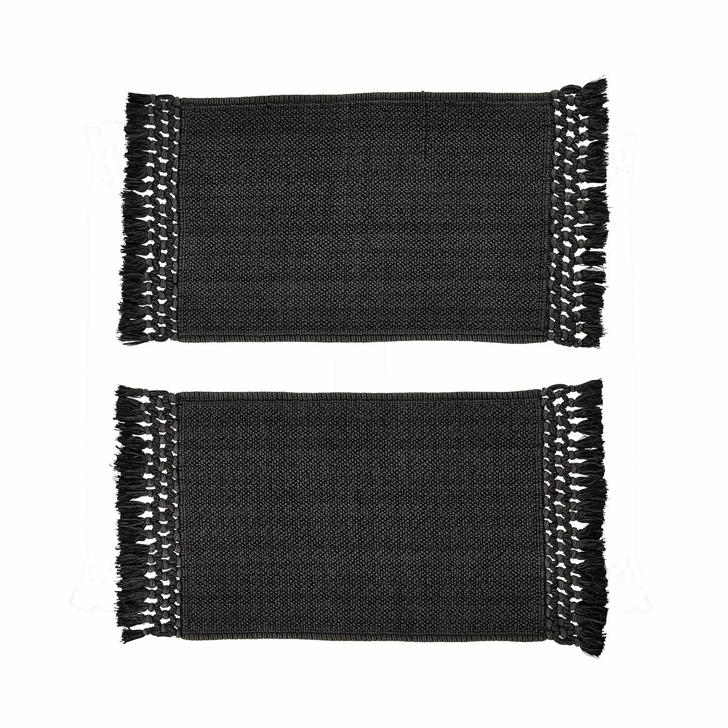 Set de 2 alfombrillas de baño negras Faelwyn de algodón con flecos, suaves y absorbentes