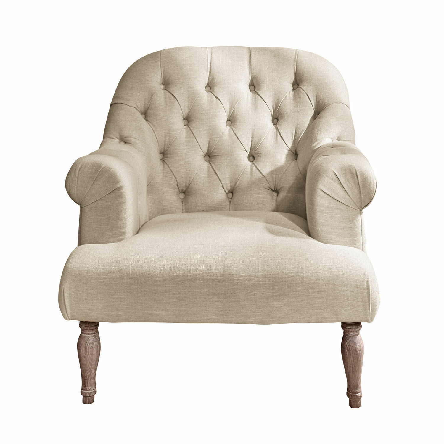 lino Sillón Shambrook de lino beige con respaldo capitoné y patas de madera, estilo vintage elegante