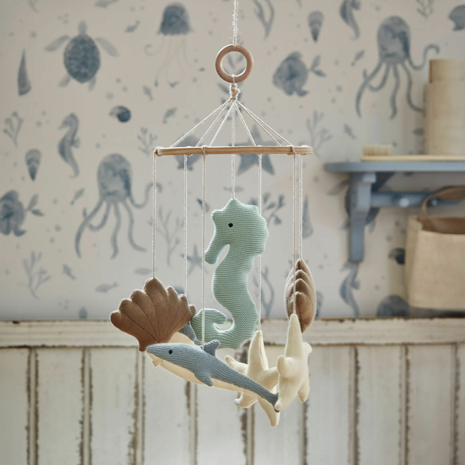 Móvil Twinkledream Móvil de madera con animales marinos suaves en colores pastel para habitación infantil
