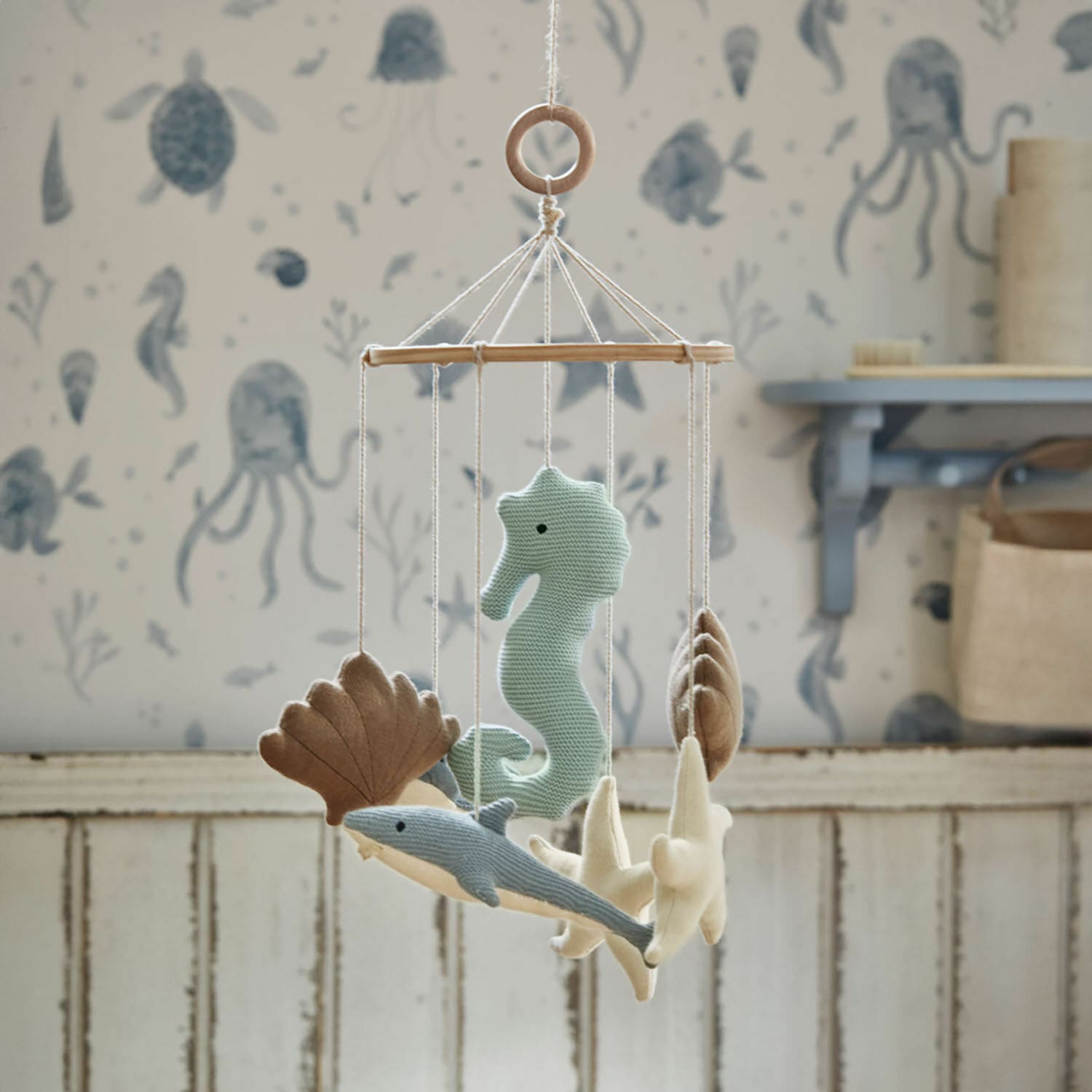 Móvil Twinkledream Móvil de madera con animales marinos suaves en colores pastel para habitación infantil
