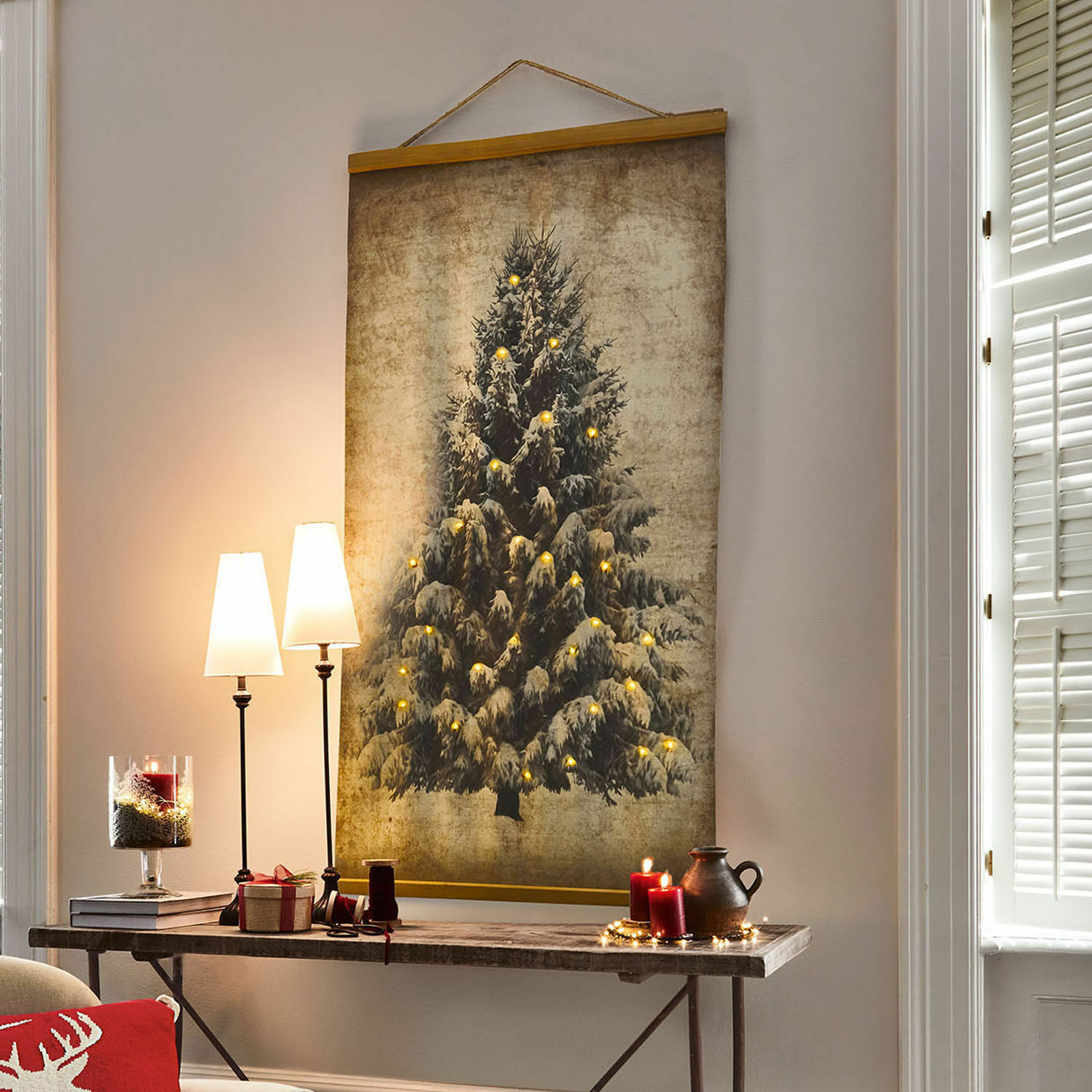 Cuadro con LED Gussers Cuadro decorativo de pared con árbol de Navidad y luces LED cálidas estilo vintage para salón
