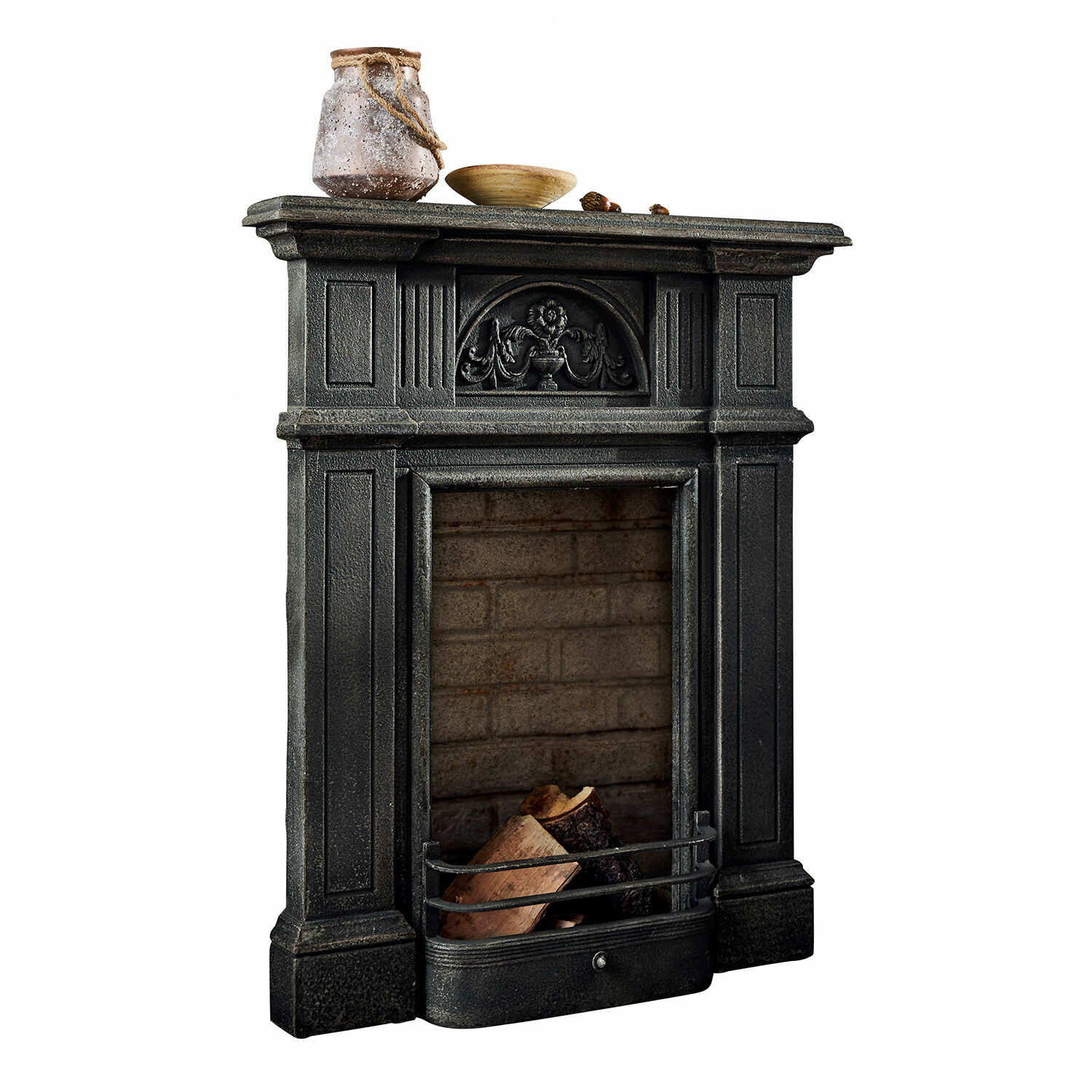 Consola de chimenea Corvelle Chimenea negra con frente decorativo y troncos de madera, elemento decorativo elegante para salón