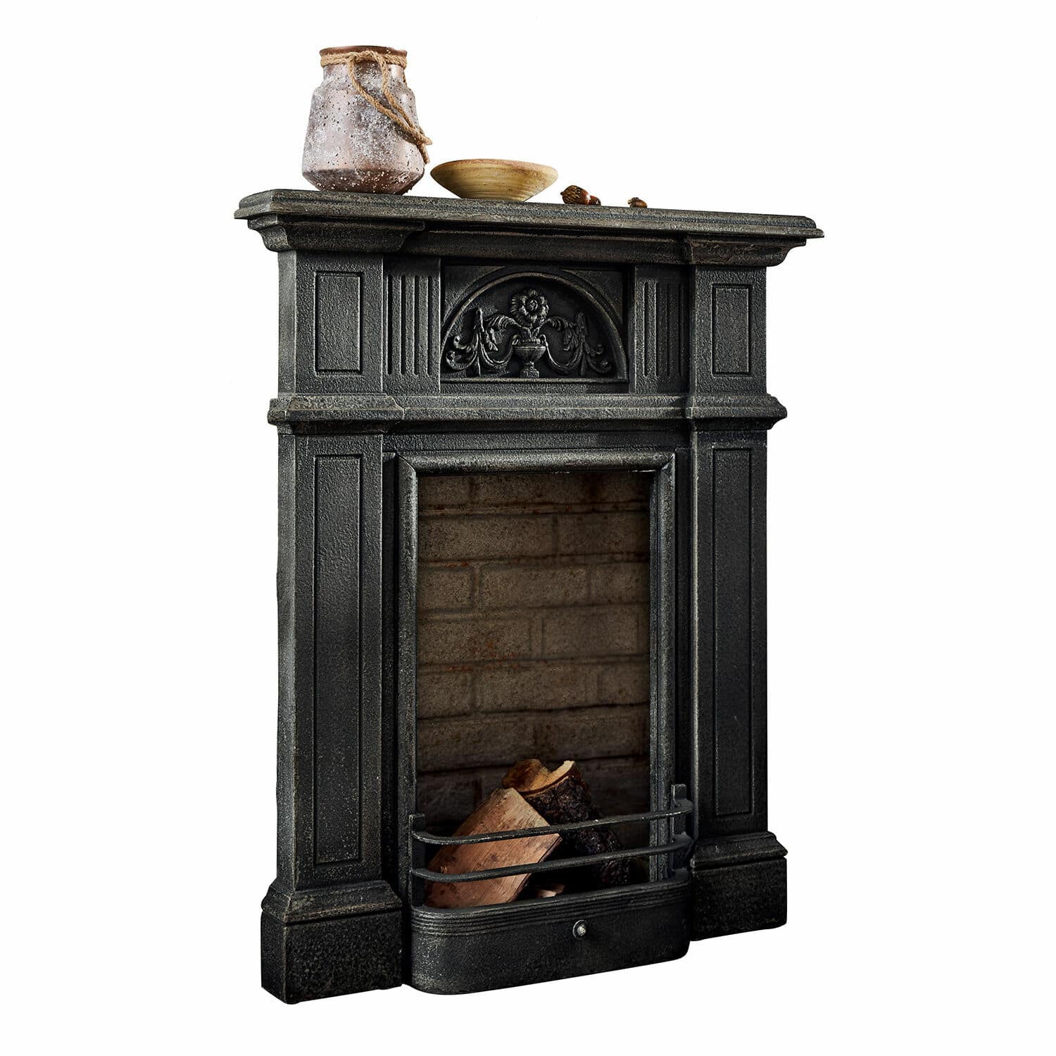 Consola de chimenea Corvelle Chimenea negra con frente decorativo y troncos de madera, elemento decorativo elegante para salón