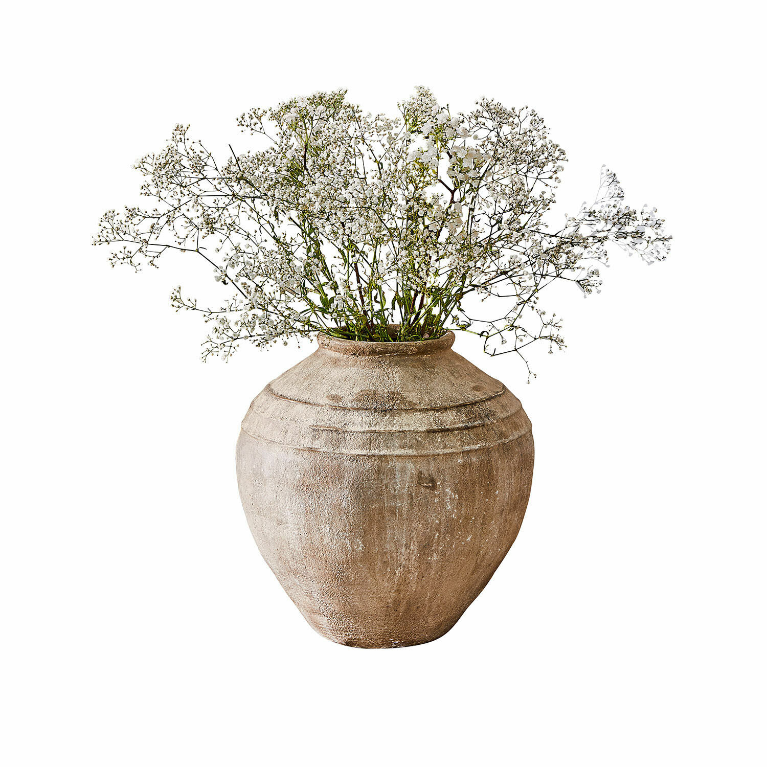 Jarrón grande de cerámica beige con flores blancas delicadas para decoración interior