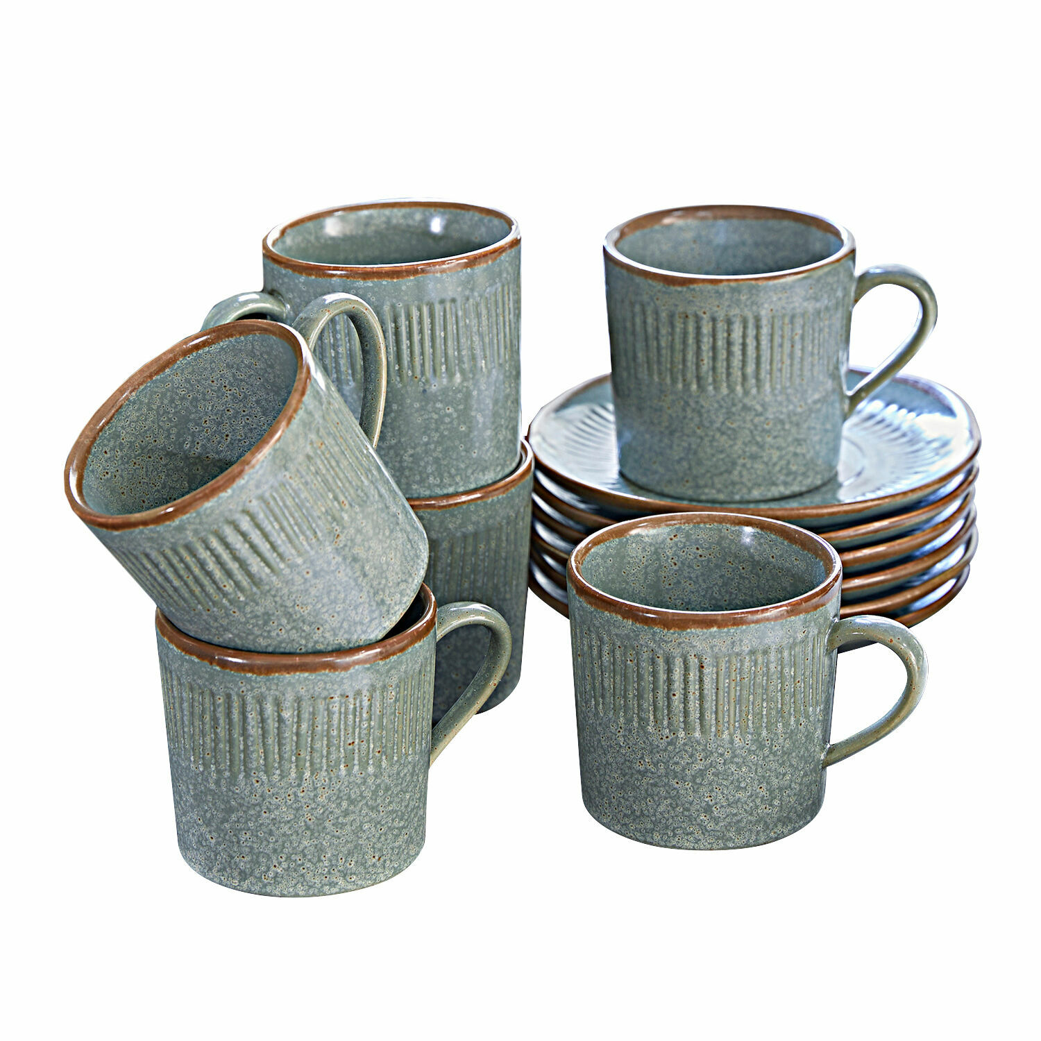 Set de 6 tazas de cerámica turquesa y marrón con platos texturizados para café