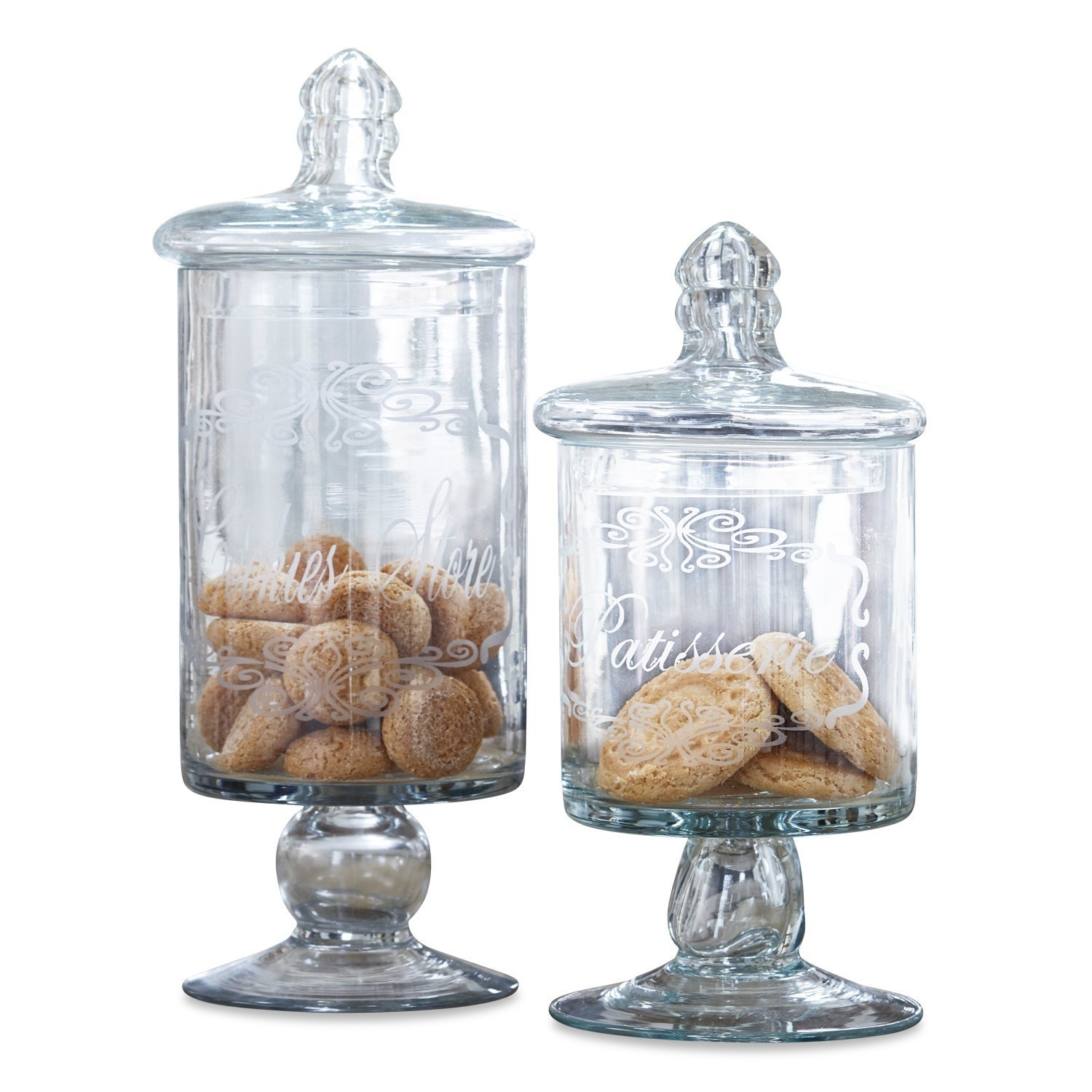Set de 2 tarros Suzie Dos recipientes de vidrio transparente con tapa y base, llenos de galletas, vidrio decorativo