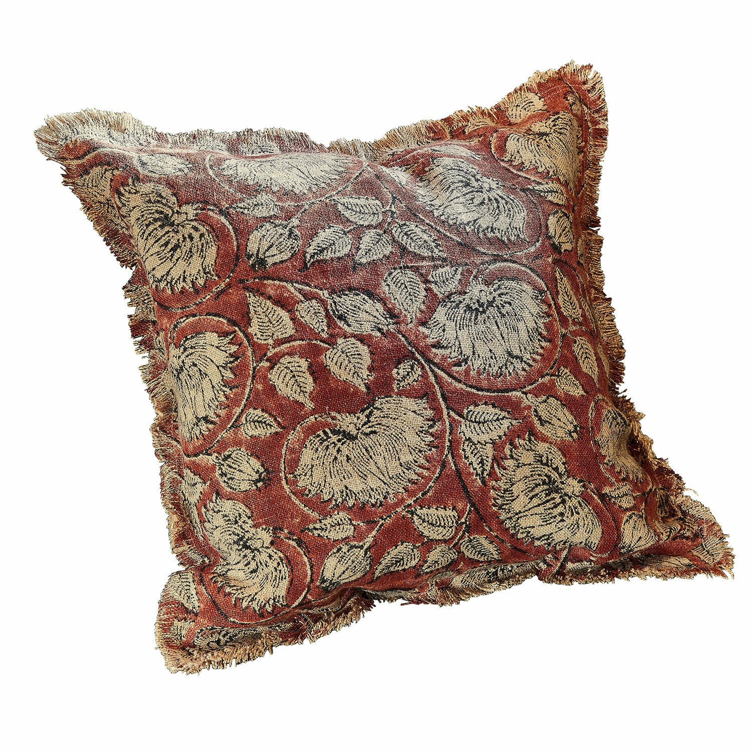 Funda de cojín Lemisto Cojín decorativo de tela con diseño floral rojo y beige con flecos, accesorio para sala