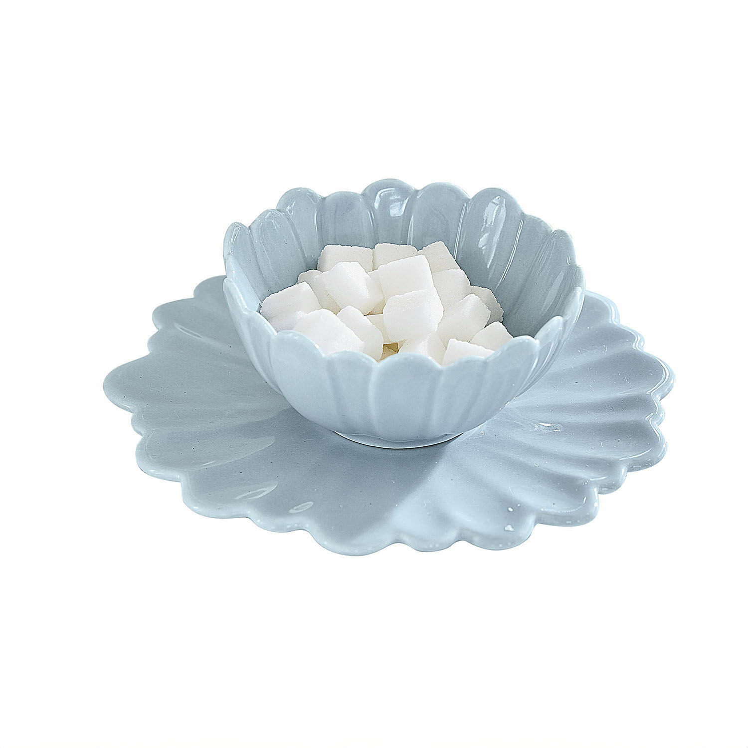 Plato y cuenco Tichborne Cuenco y plato de cerámica azul en forma de flor con cubos de azúcar, decoración de mesa