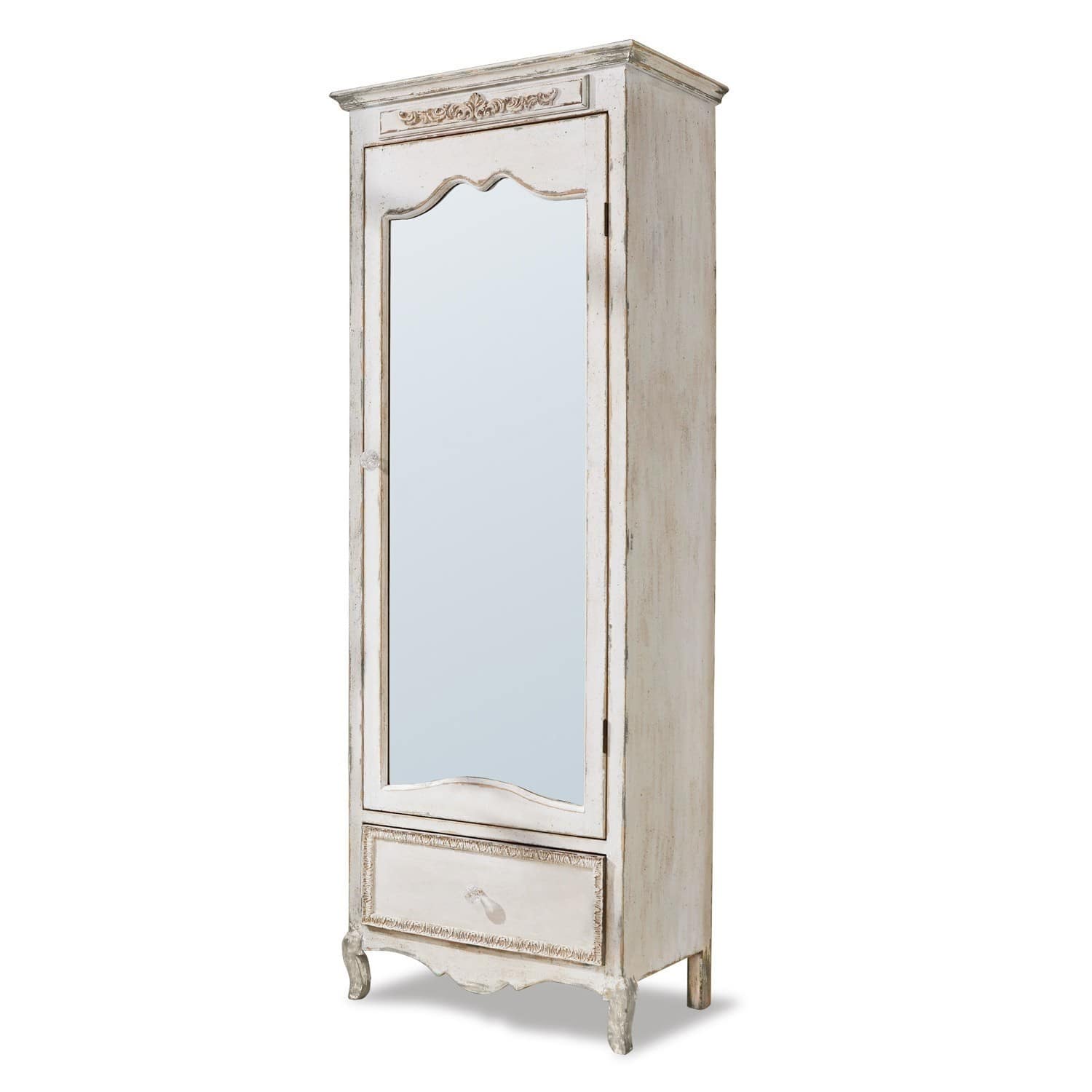 Armario Lucgarier Armario alto de madera blanca estilo vintage con espejo y cajón decorativo detallado