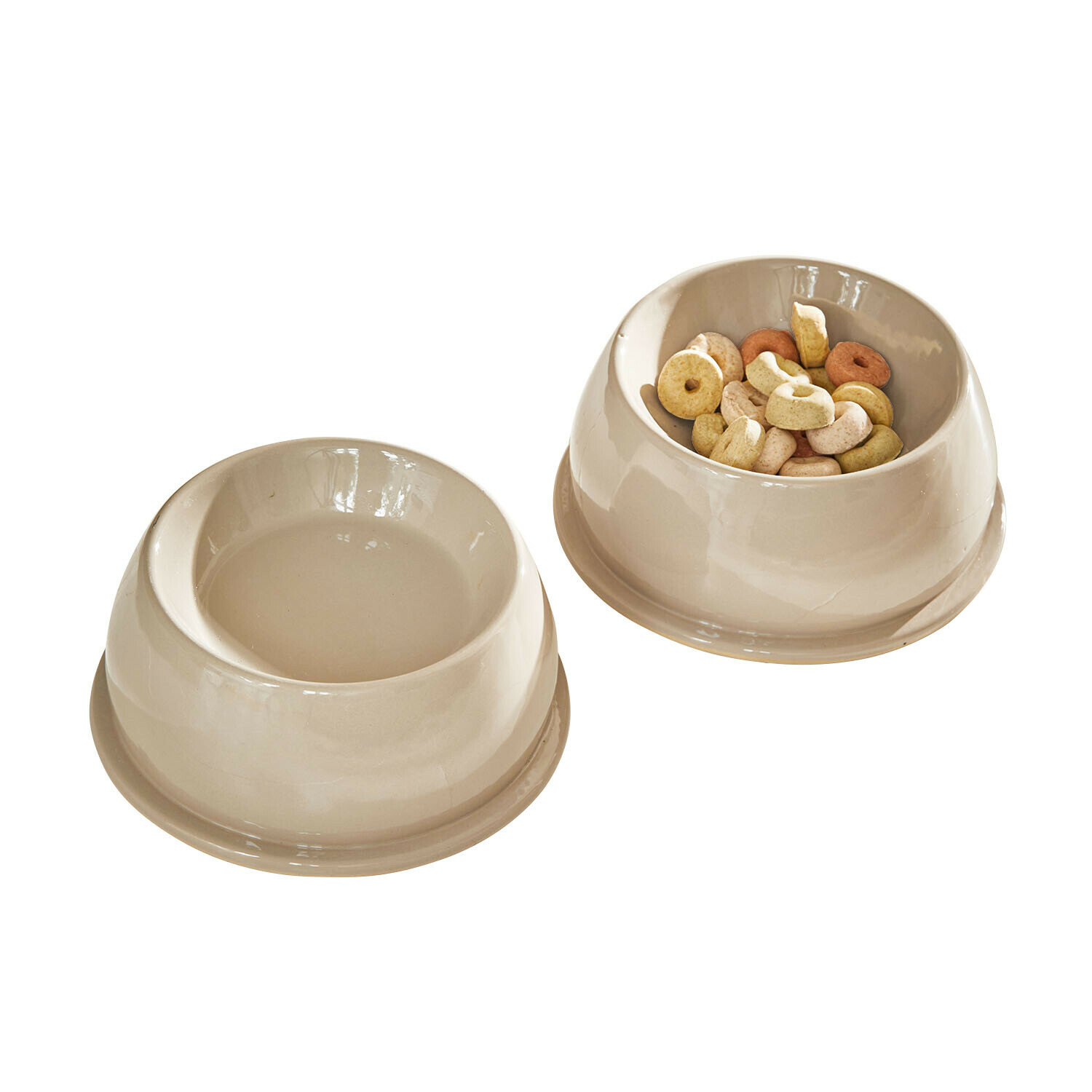 Set de 2 comederos Kireva Dos cuencos de cerámica beige para mascotas, uno con comida seca y otro vacío, accesorios prácticos para perros