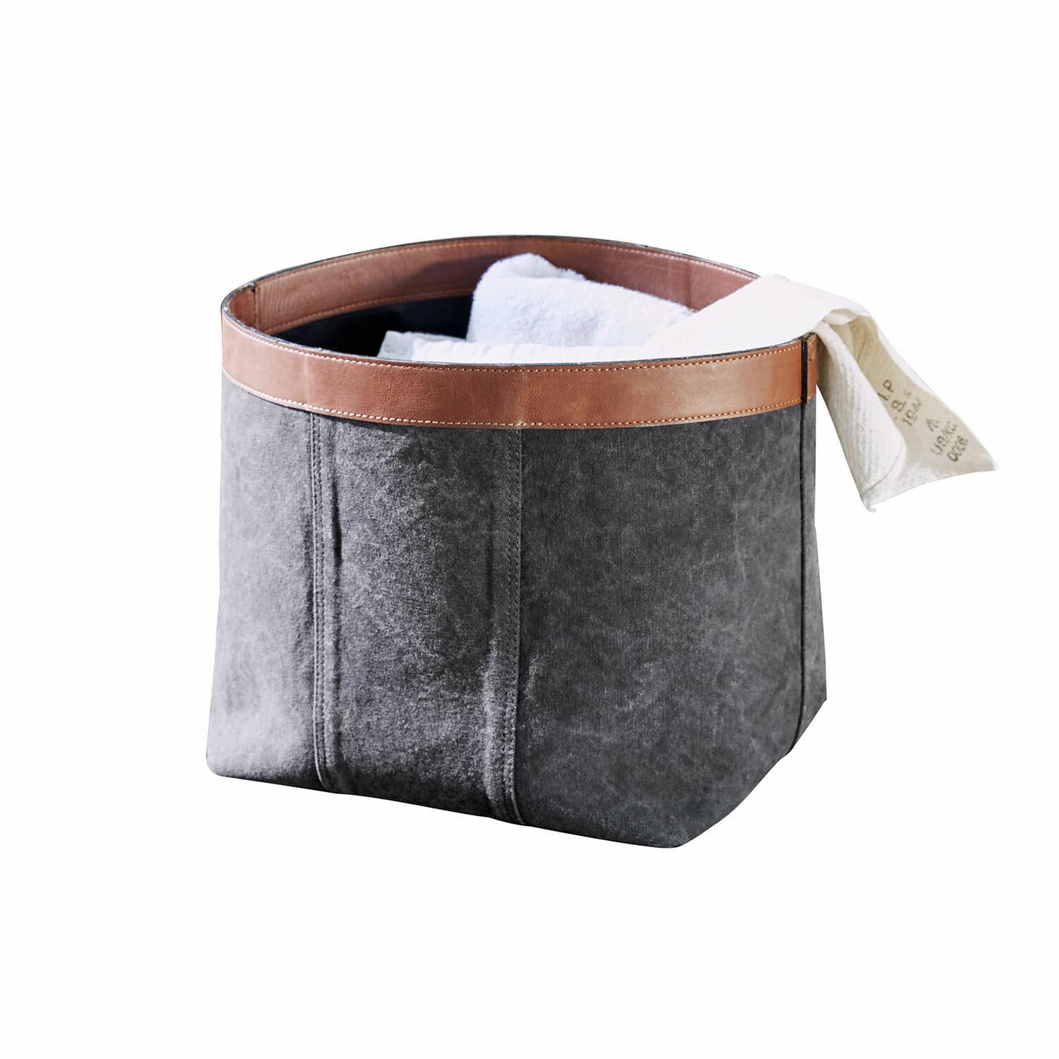 Cesta Chansonet Bolsa de tela gris con borde de cuero marrón, ideal para guardar toallas y accesorios del hogar