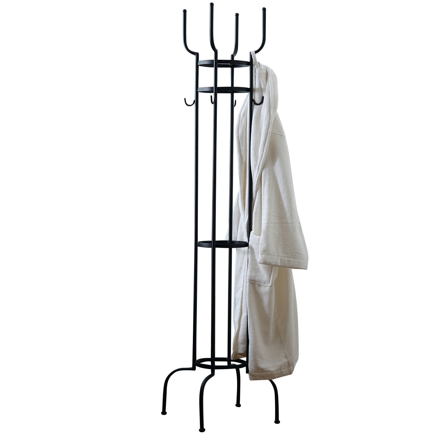 Perchero York Perchero de metal negro con bata blanca colgada, práctico para entrada o dormitorio