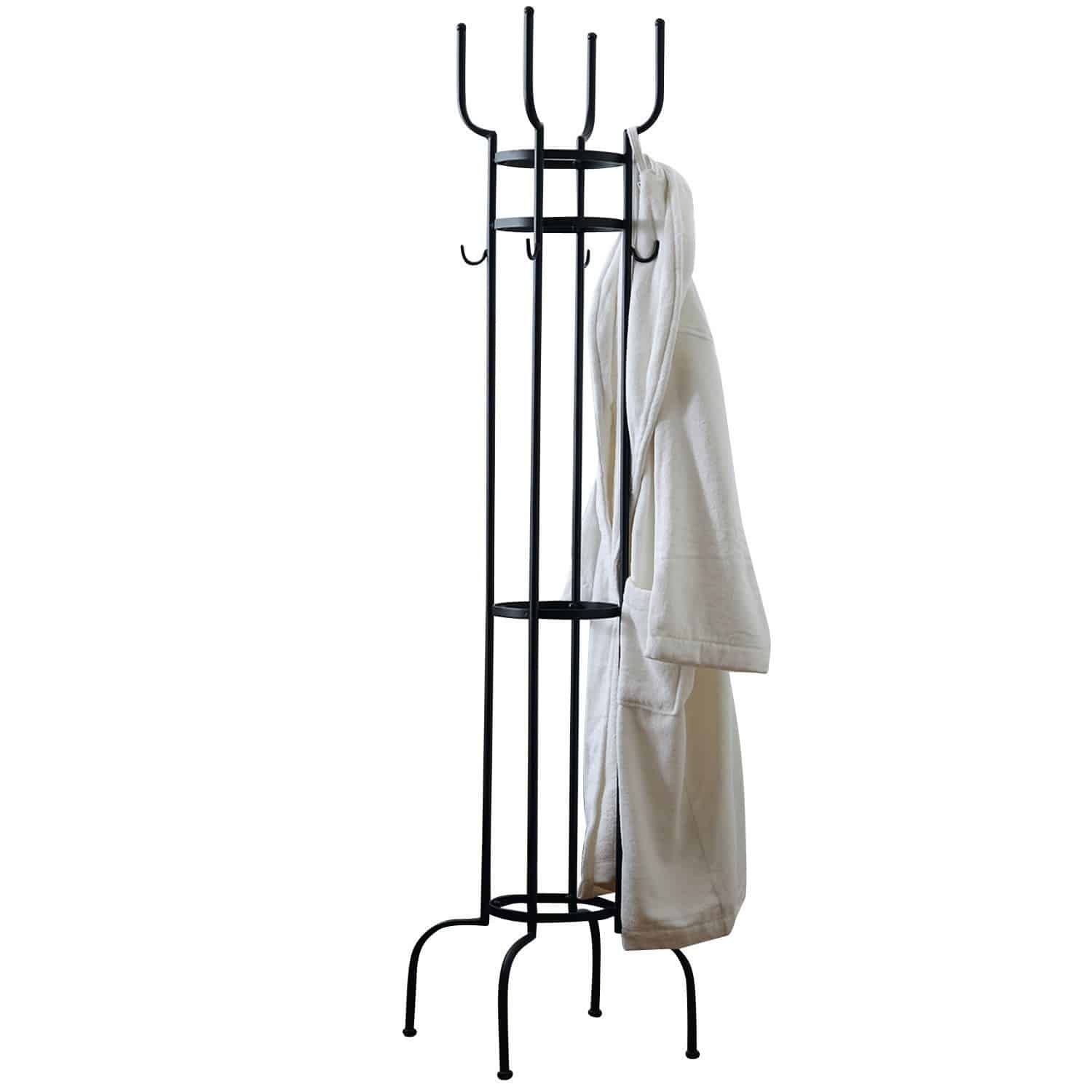 Perchero York Perchero de metal negro con bata blanca colgada, práctico para entrada o dormitorio