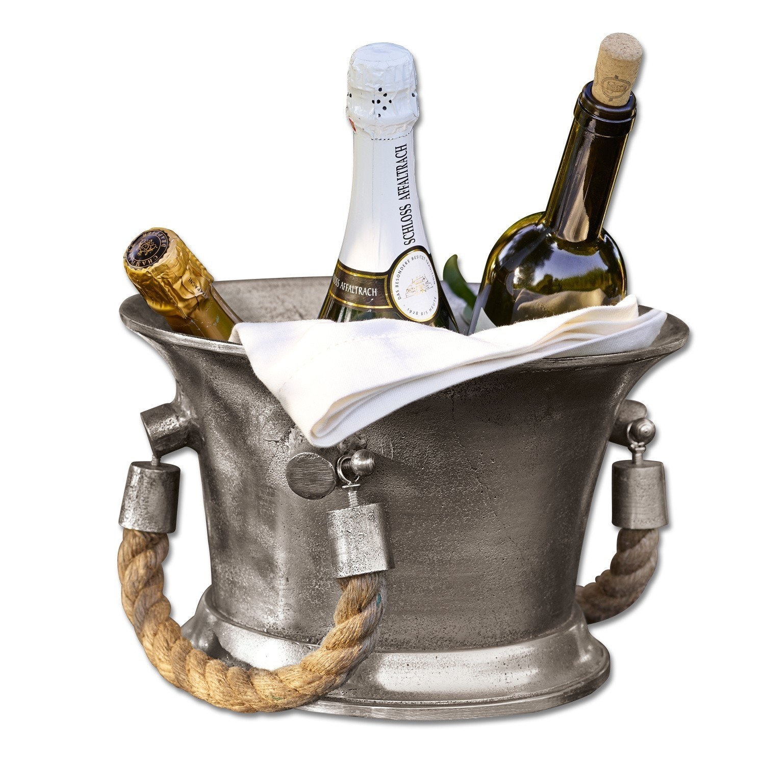 Enfriador de champán Maxwell Cubitera metálica con cuerda y tres botellas de vino, servilleta blanca encima