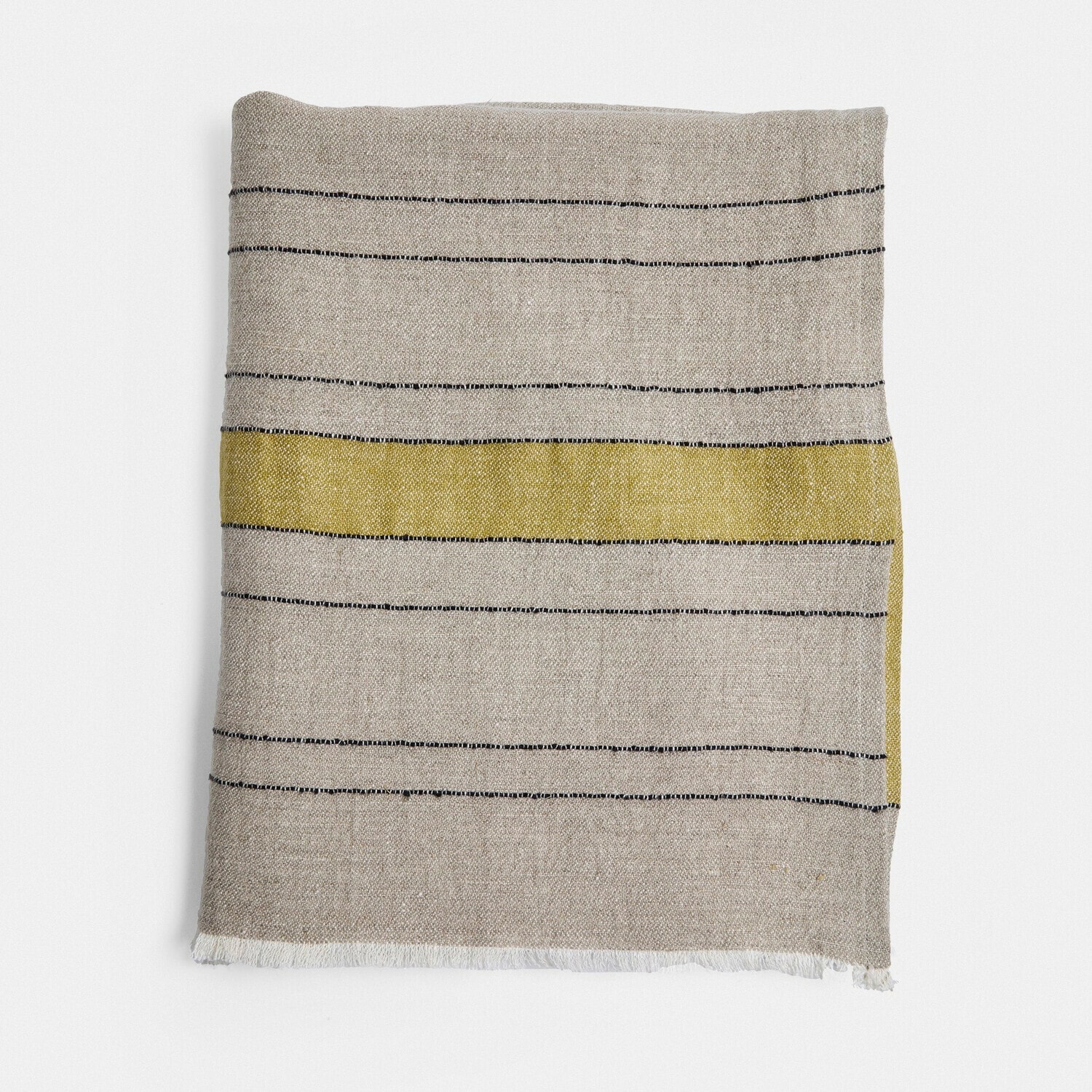 Manta de lino beige con rayas negras y amarillas, textil suave y decorativo para el hogar