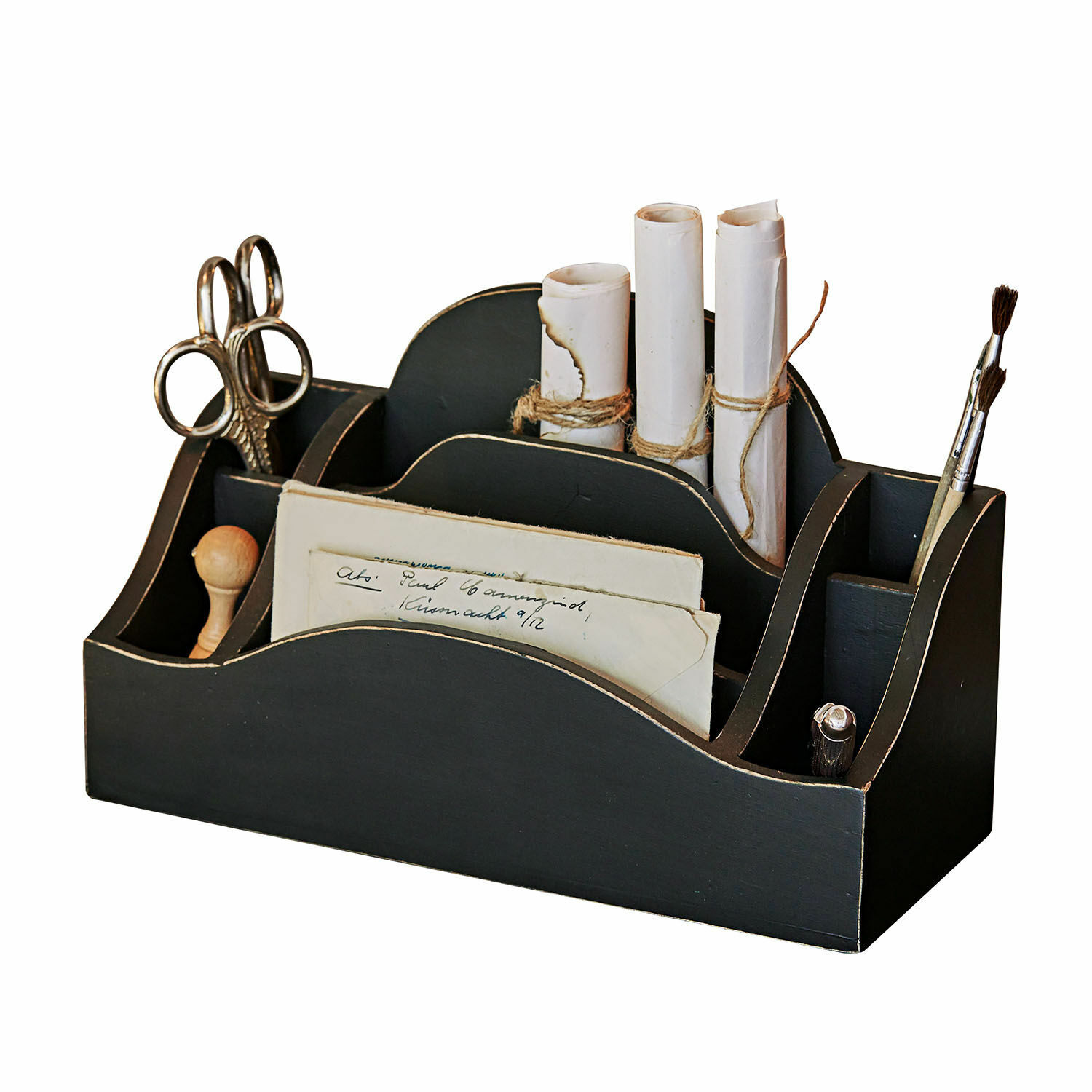 Organizador Jaina Organizador de escritorio de madera negra con compartimentos para tijeras, pinceles y documentos, práctico y elegante