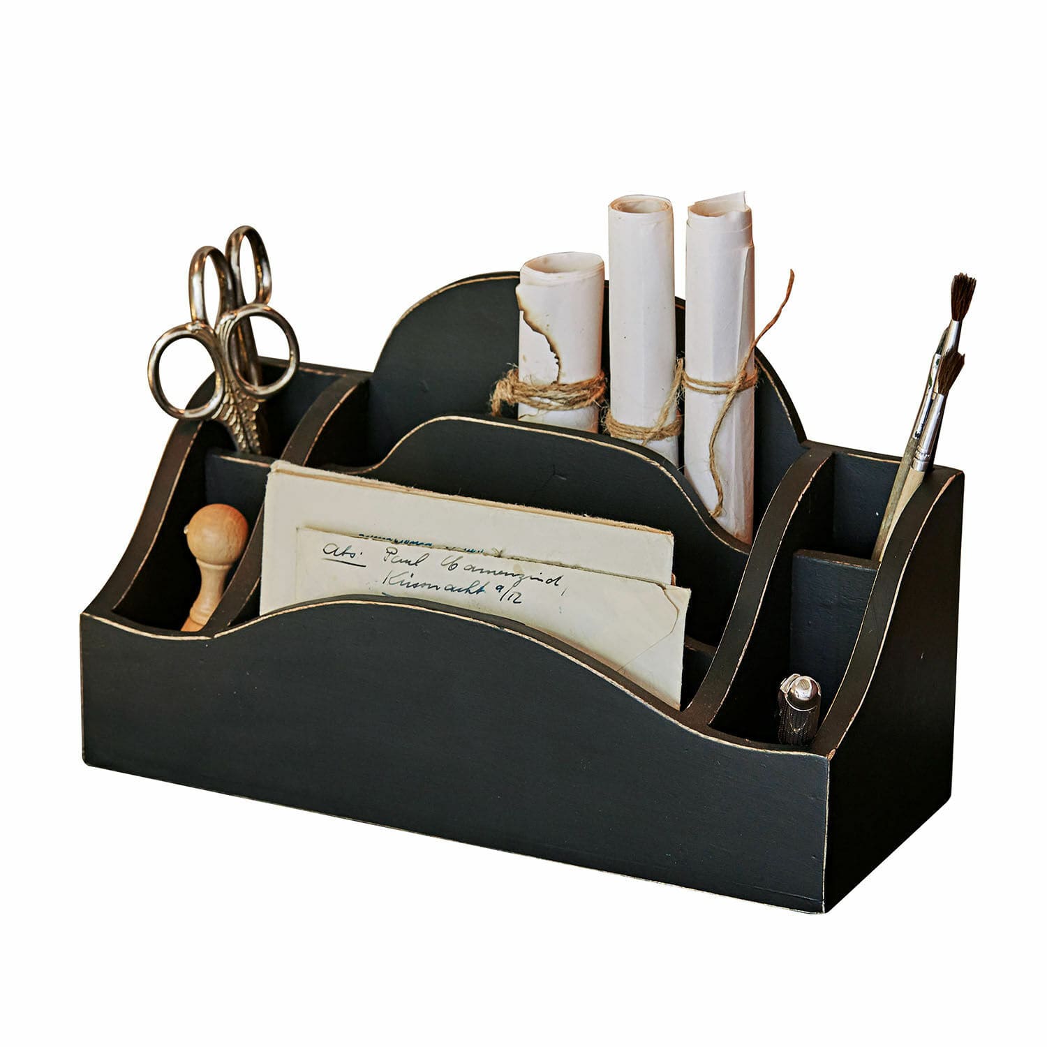 Organizador Jaina Organizador de escritorio de madera negra con compartimentos para tijeras, pinceles y documentos, práctico y elegante