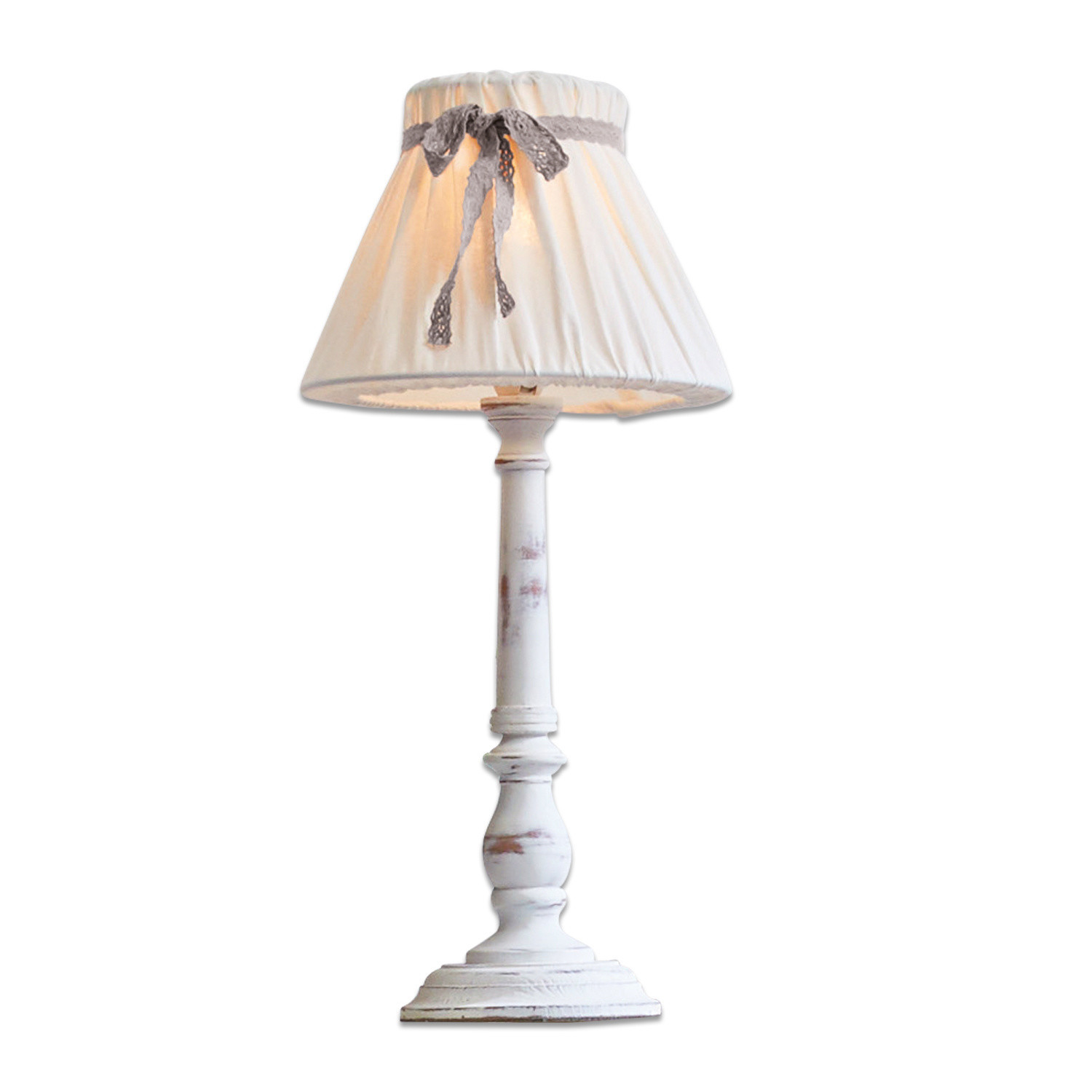 Lámpara de mesa Valentin Lámpara de mesa de madera blanca con pantalla de tela y lazo gris, lámpara decorativa para salón