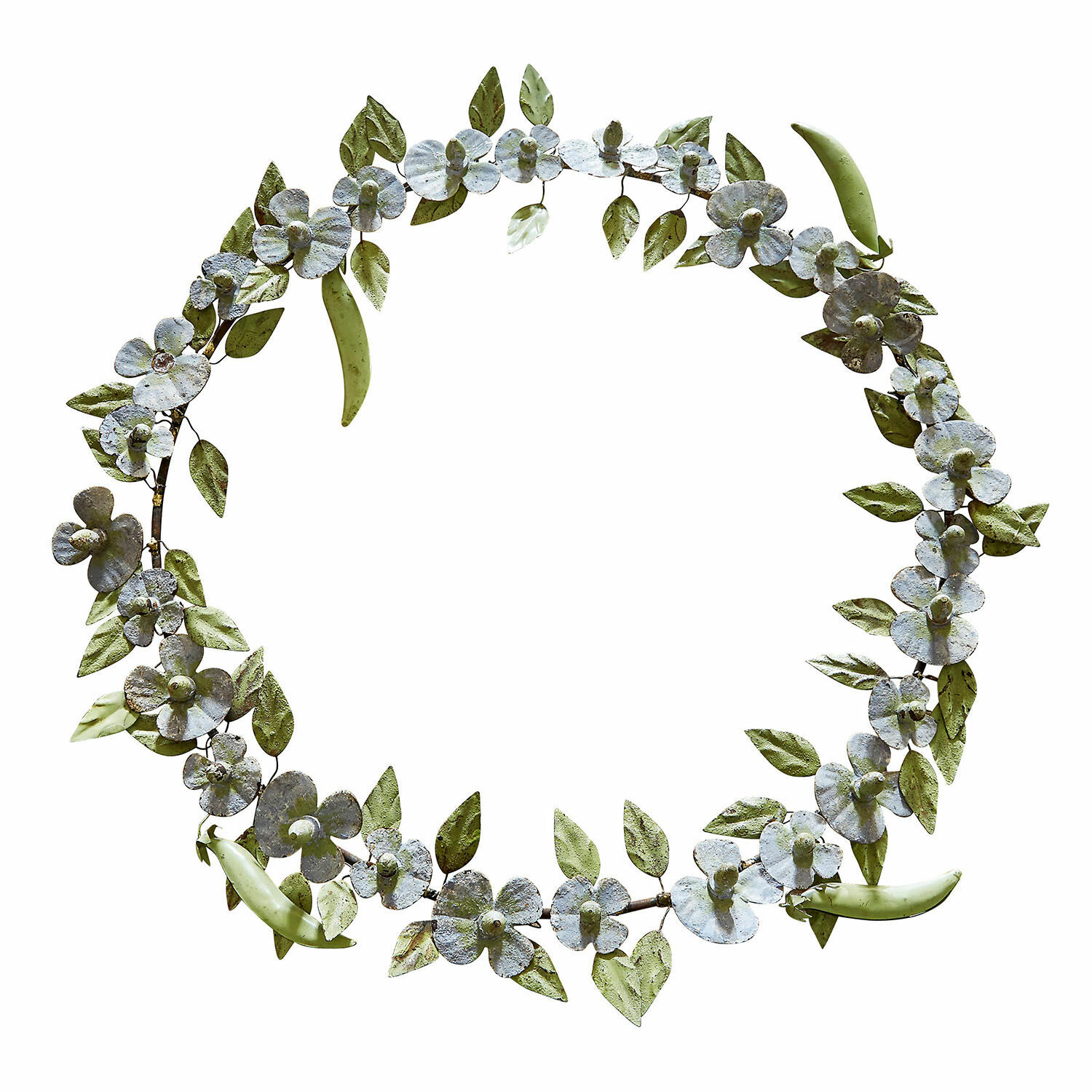 Corona Cecilia Corona decorativa de metal con hojas verdes y flores blancas para interiores y jardines