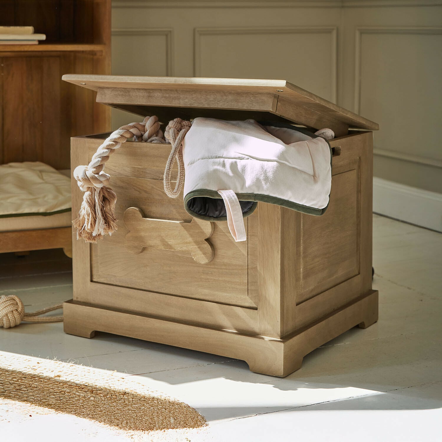 Baúl Alourine Baúl de madera natural con diseño de hueso para guardar juguetes y accesorios de perro, almacenamiento práctico