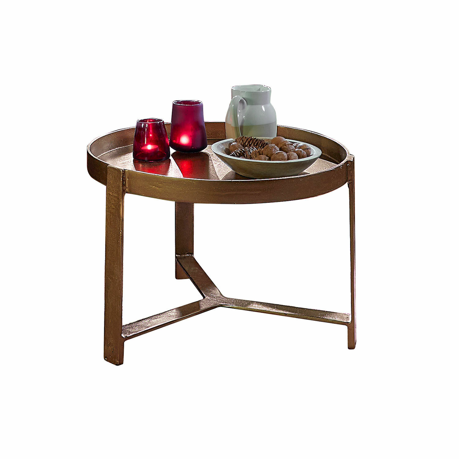 Mesa de centro Mirouette Mesa auxiliar redonda de metal color cobre con portavelas rojos y jarra blanca decorativa