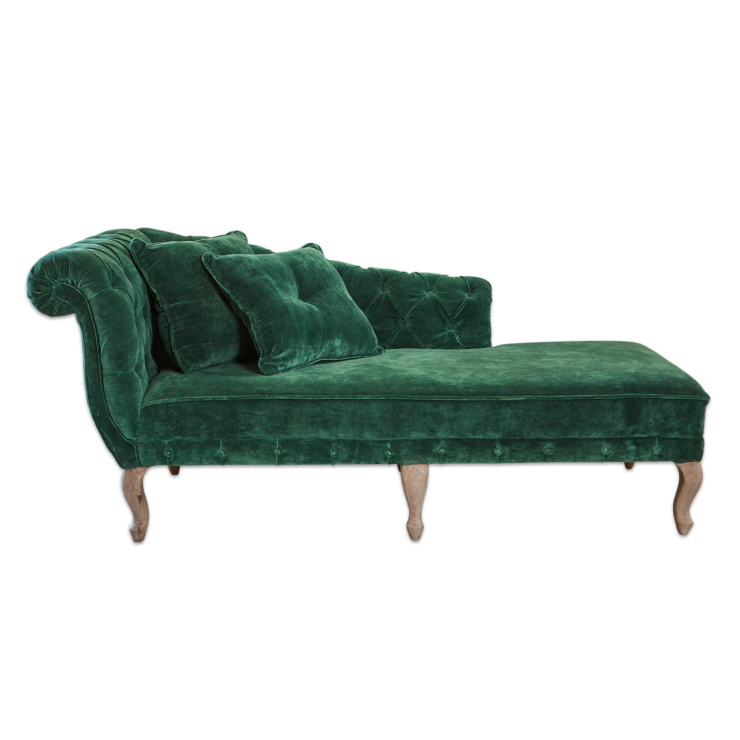 Chaise longue Viviani Chaise longue de terciopelo verde con patas de madera y respaldo capitoné para salón