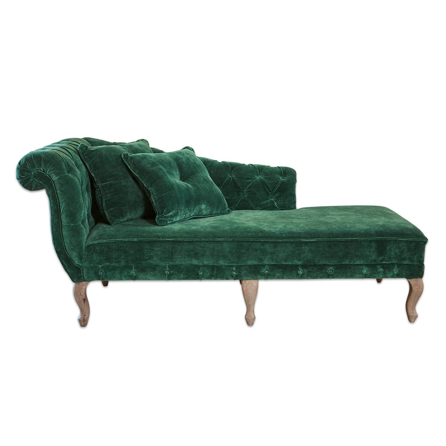 Chaise longue Viviani Chaise longue de terciopelo verde con patas de madera y respaldo capitoné para salón