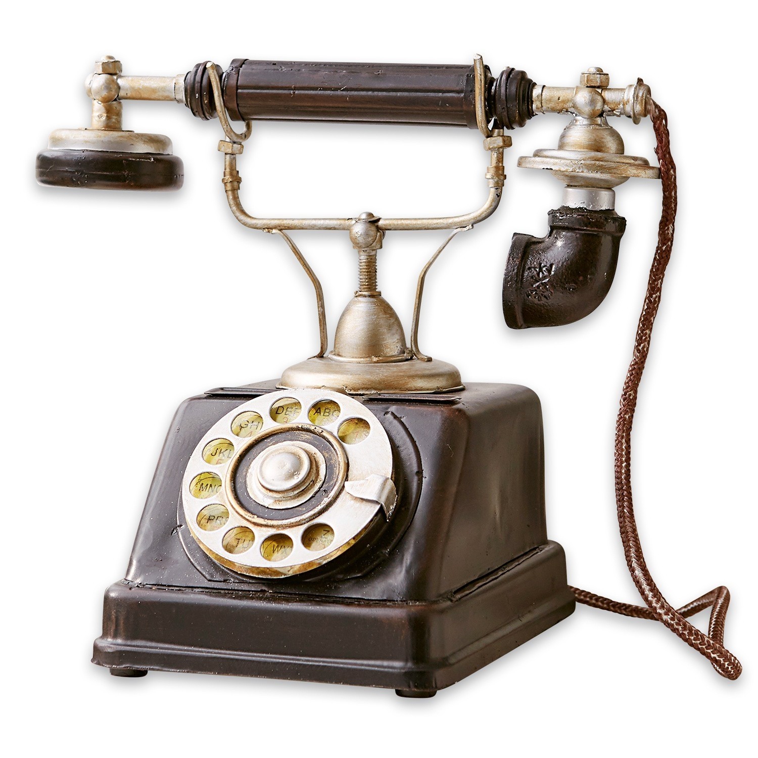 Teléfono decorativo Upavon Teléfono negro antiguo con disco giratorio, partes metálicas y cable marrón para decoración vintage
