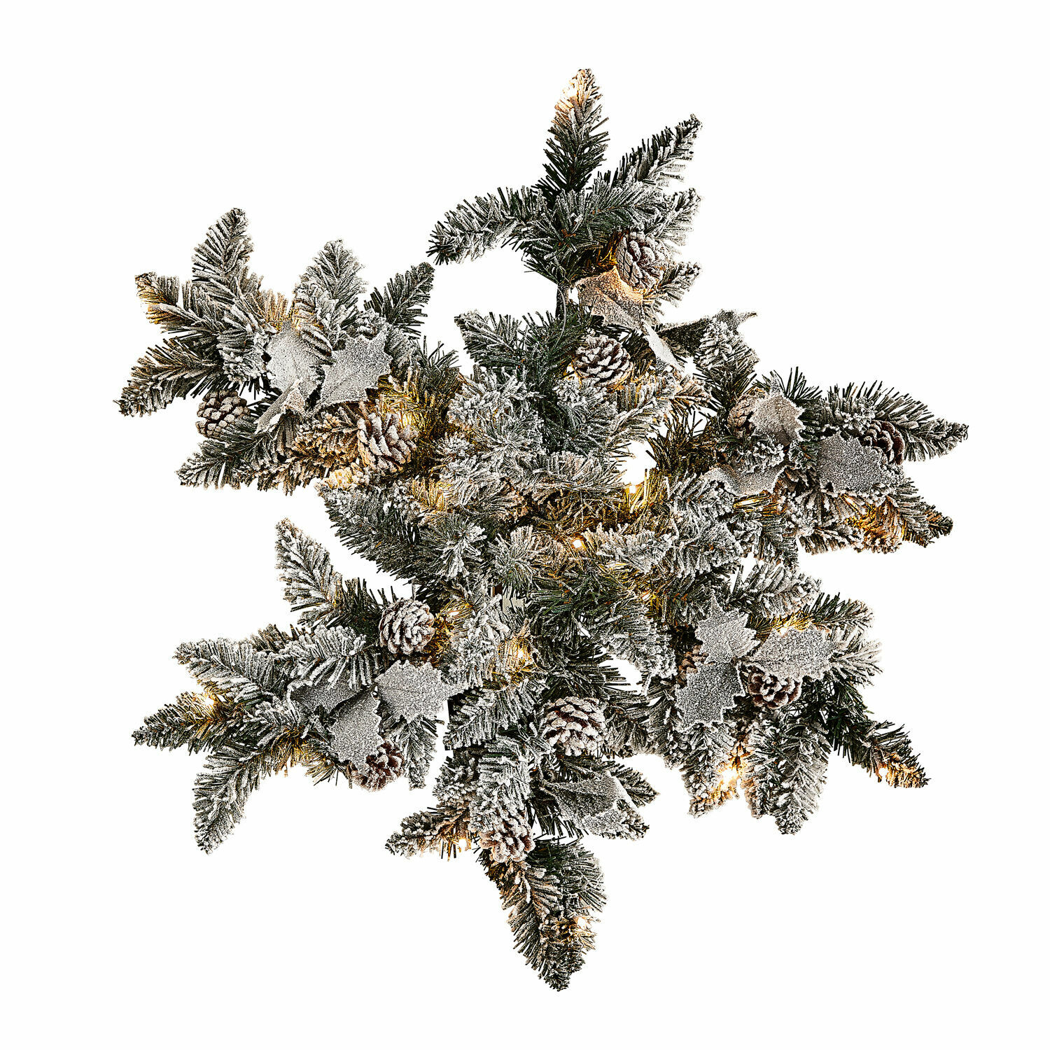 Copo de nieve LED Azimara Adorno navideño de ramas verdes con piñas y hojas plateadas, luces LED integradas