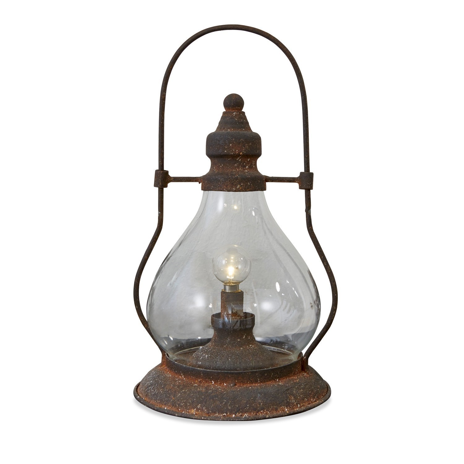 Farolillo LED Cortney Linterna de metal oxidado con pantalla de vidrio transparente y bombilla, decoración interior