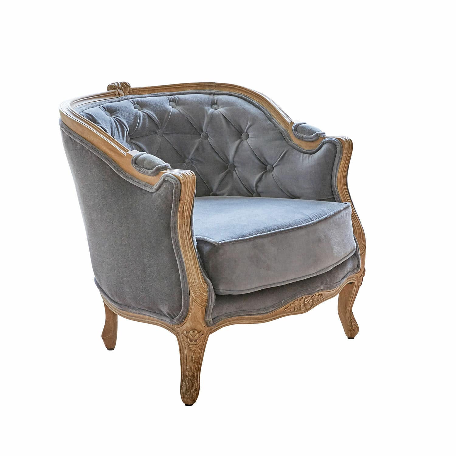 Sillón Annezay Sillón de terciopelo gris con marco de madera tallada, mueble elegante de estilo vintage