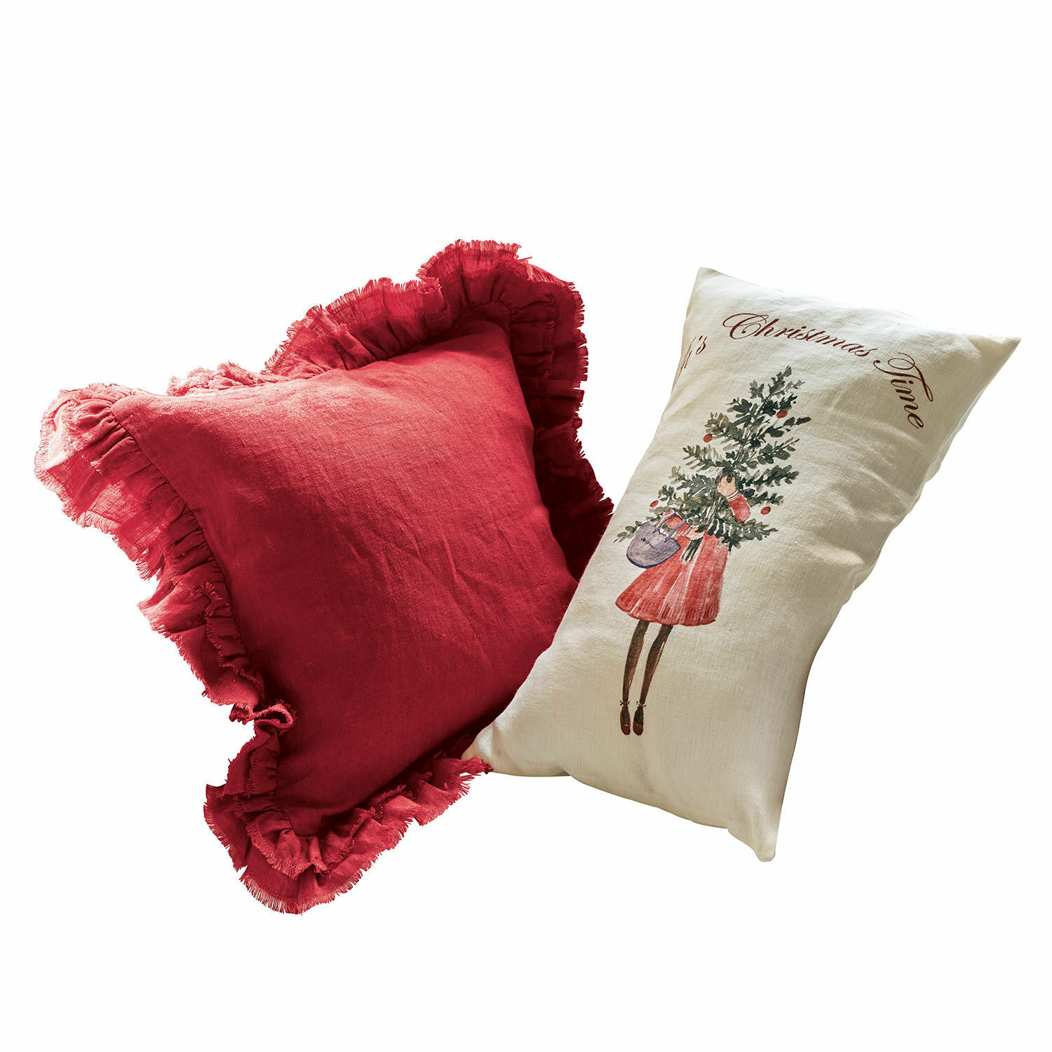 Set de 2 fundas de cojín Christmas Time Conjunto de dos cojines decorativos de lino en rojo y crema con motivo navideño